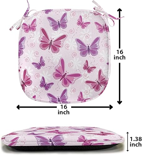 Miniatura 7 de Ambesonne Juego de 2 cojines de asiento para silla morados, mariposas abstractas sobre fondo floral, ilustración romántica femenina, acolchado de