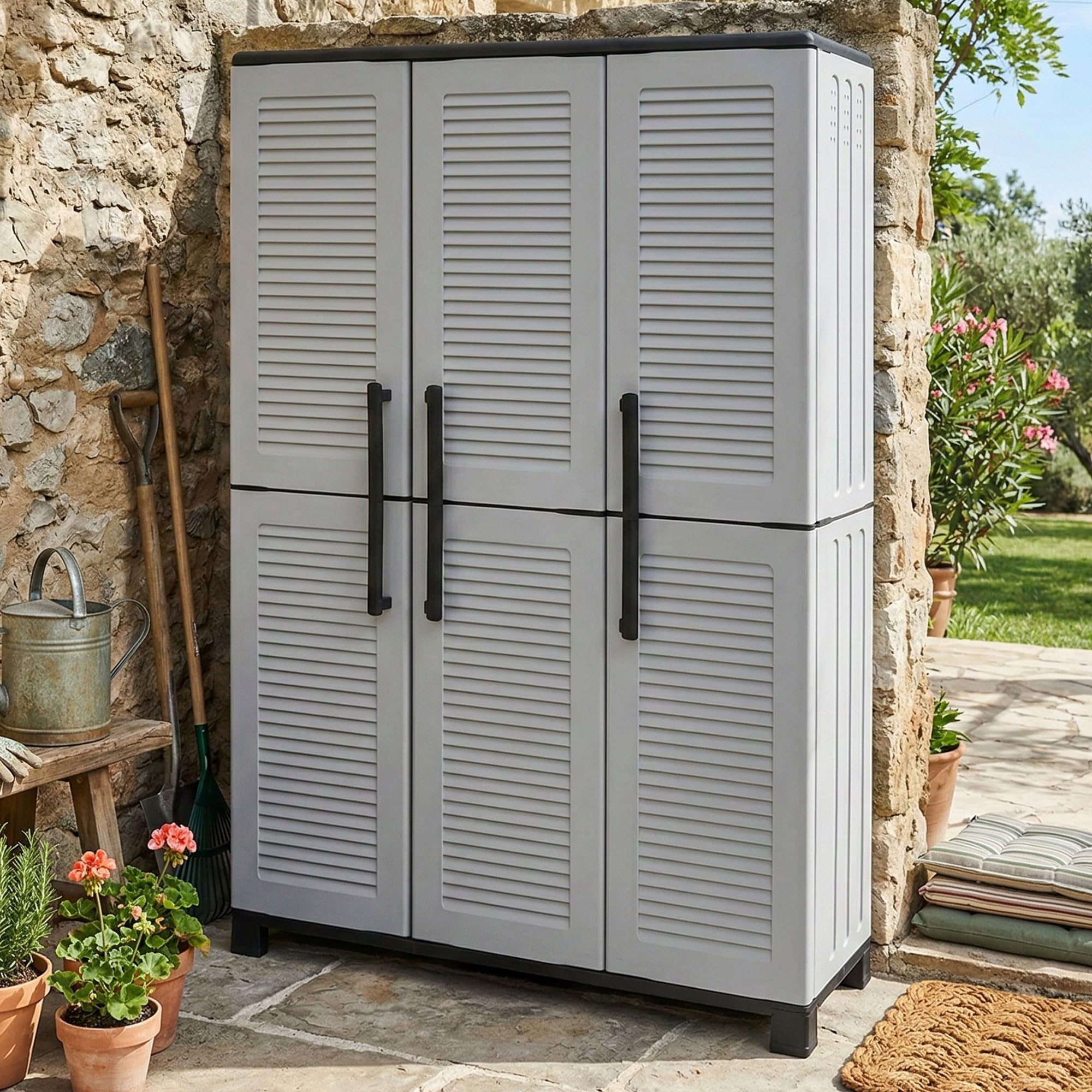 Dmora - Armoire d'extérieur Nandrin, meuble porte-balais, 3 portes, 100% Made in Italy, 102x37h169 cm, gris clair et noir, finition rayée