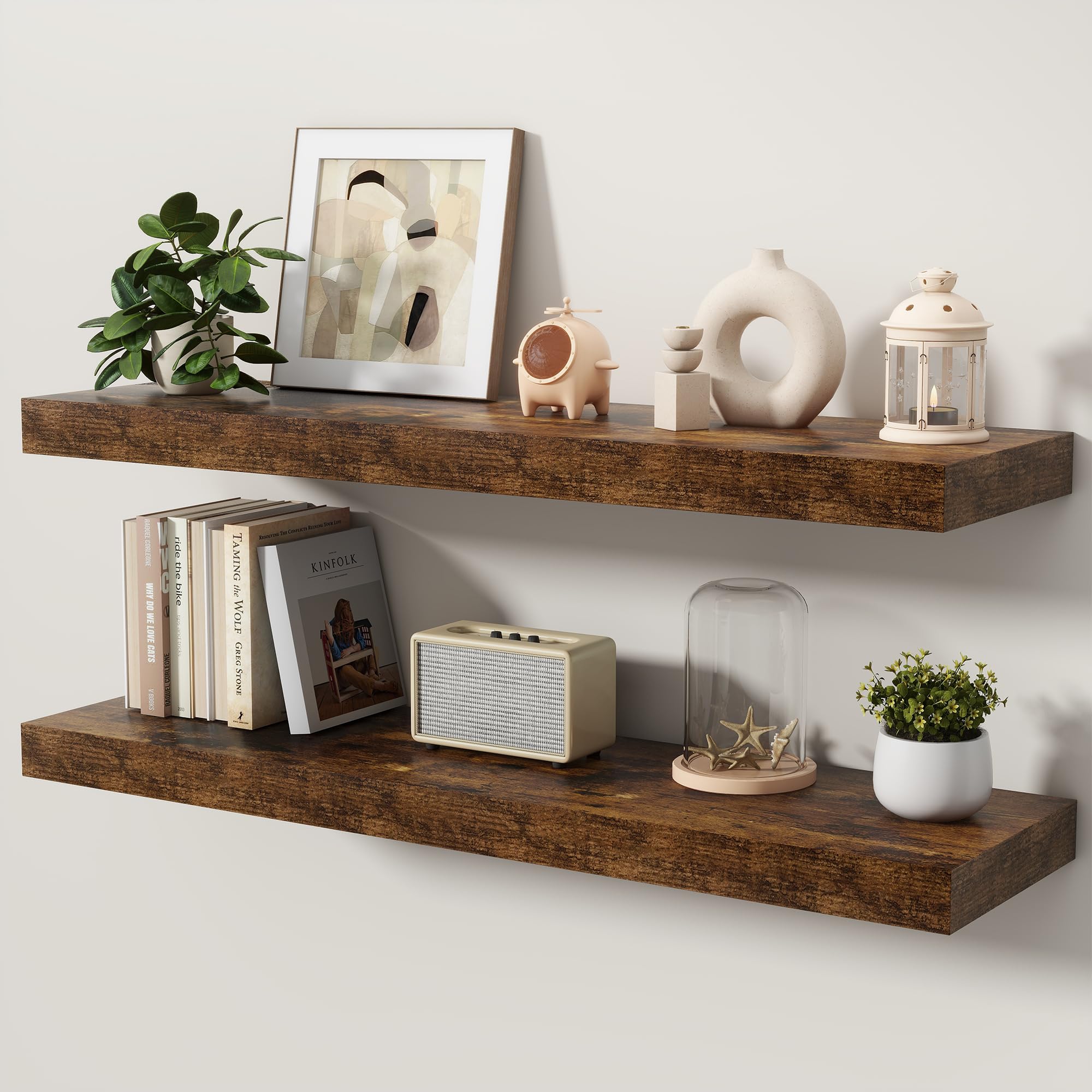 KovaScape Floating Shelves Set of 2, 100cm shelves for wall with Invisible Brackets, Heavy Duty Wooden Wall Mounted Shelf for Kitchen, Bathroom, Living Room, Bedroom