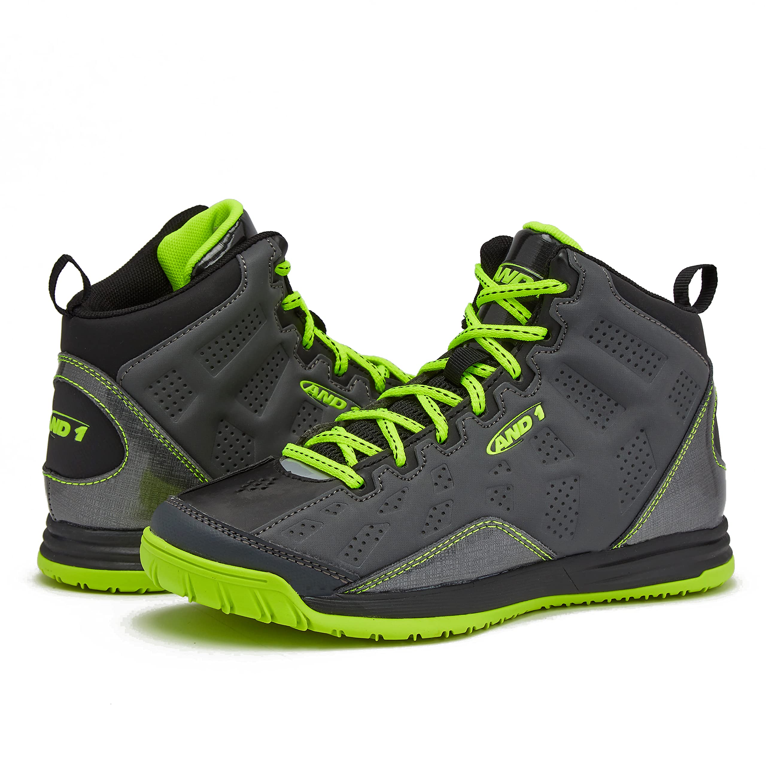 AND1Kids Show Out Basketball Shoe, 7 M US Big Kid Grey/Black/Lime