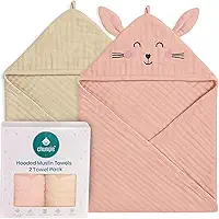 Chungie Toalhas de bebê macias de musselina com capuz – 100% algodão, toalhas de banho para recém-nascidos respiráveis de 6 camadas com capuz, pacote com 2 (impresso + bordado, 81 x 81 cm)