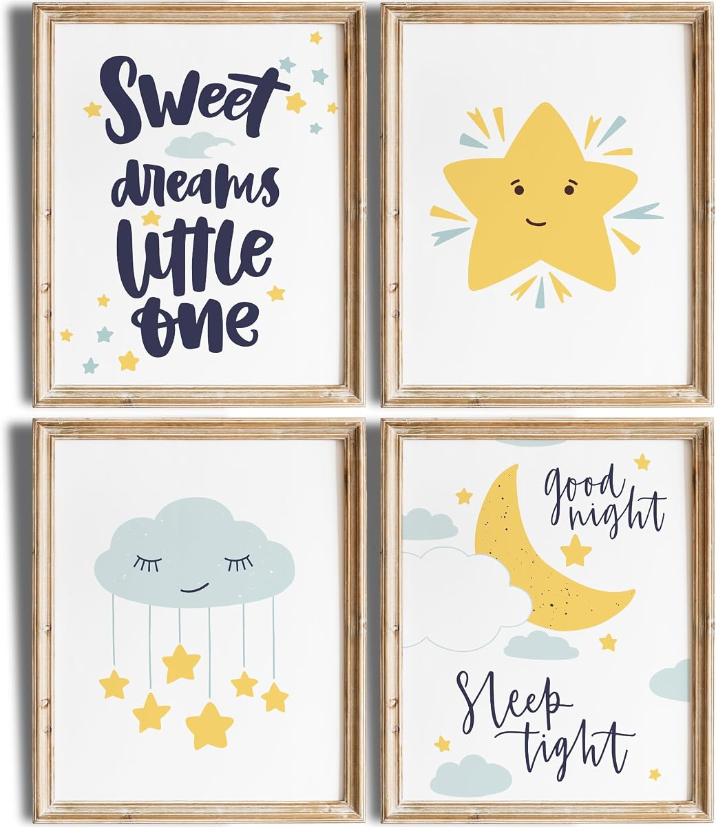 Impresiones artísticas de juego de guardería (juego de 4) - Sin marco - 8x10s | Dulces sueños pequeño | Perfecto para decoración de habitación de bebé, dormitorio de niños pequeños o sala de juegos | Diseños lindos y caprichosos para una atmósfera acogedora y de ensueño