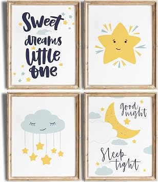 Nursery Set Art Prints Set of 4 - Unframed - 8x10s | Sweet Dreams Little One | Perfect for Baby Room, Toddler Bedroom, or Playroom Decor | Cute and Whimsical Designs for Cozy and Dreamy Atmosphere