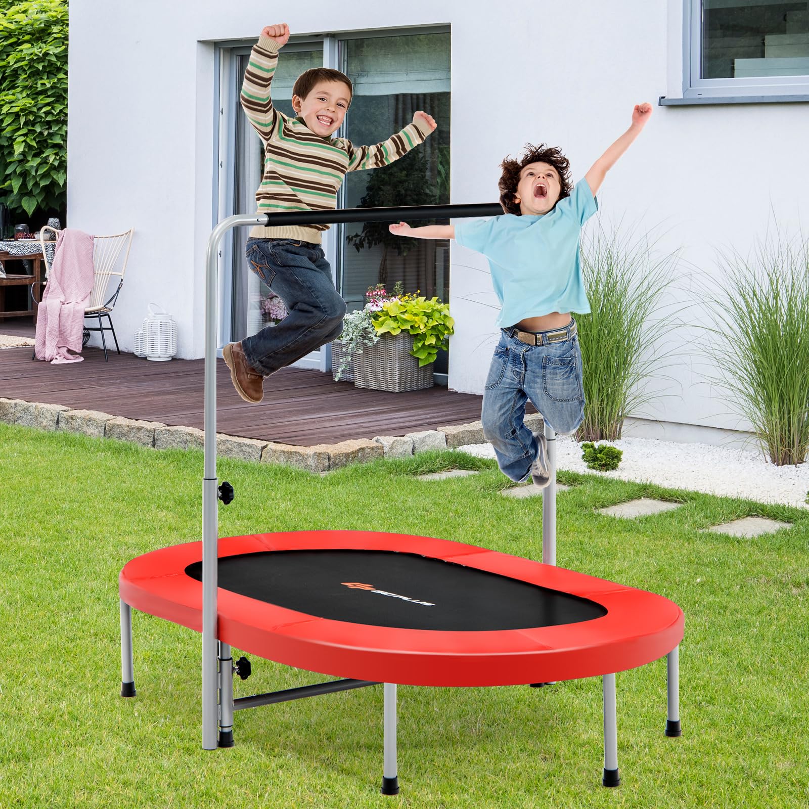 KOMFOTTEU Trampolino doppio per bambini, 154 x 90 cm (L x L), Trampolino per fitness pieghevole, maniglia regolabile, rimbalzo ovale per bambini e adulti, portata massima di 150 kg