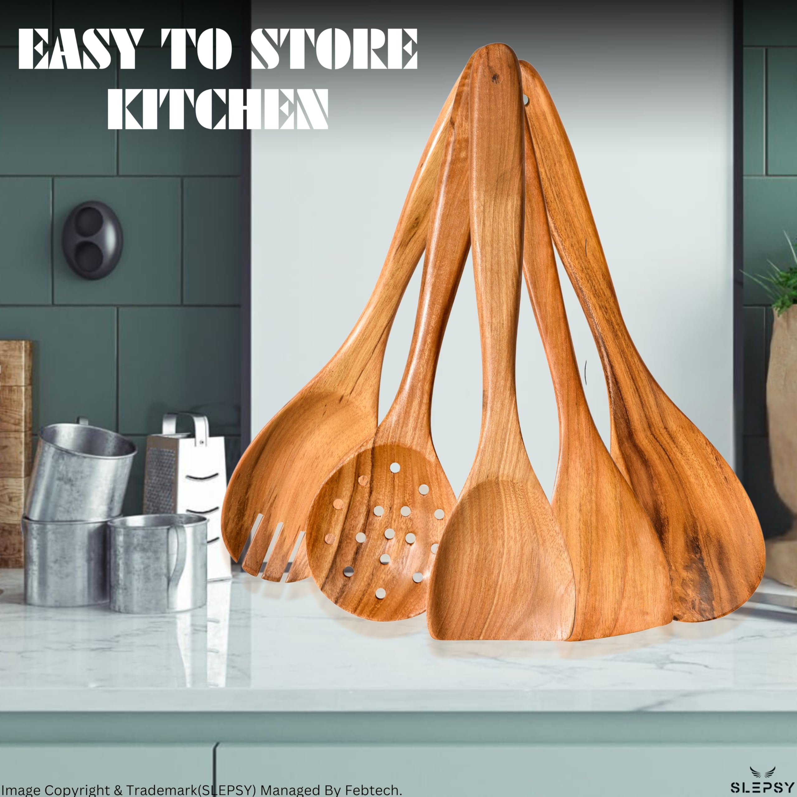 6 cucharas de madera para cocinar, utensilios de madera de teca con acabado suave para cocinar, cucharas de madera suaves y de agarre cómodo para cocinar, utensilios de cocina de madera