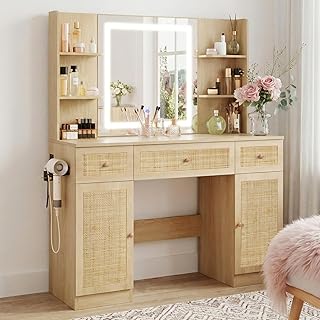 Yechen 43" Boho Makeup Vanity Desk with LED Lighted Mirror & Power Strip, Large Wooden Dressing Table Set with Rattan Drawers, Storage Shelves and Door Cabinet for Bedroom, for Girl Women