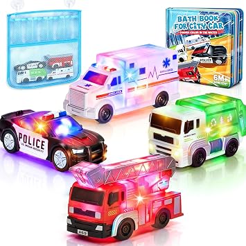 4 Floating Changing Color Light Up Bath Toy Car with Bath Book & Storage Bag, No Hole Realistic Car Bathtub Toys for Toddler Kid 18 month +, Bathroom Tub Pool Beach Swimming Party, Birthday Gift