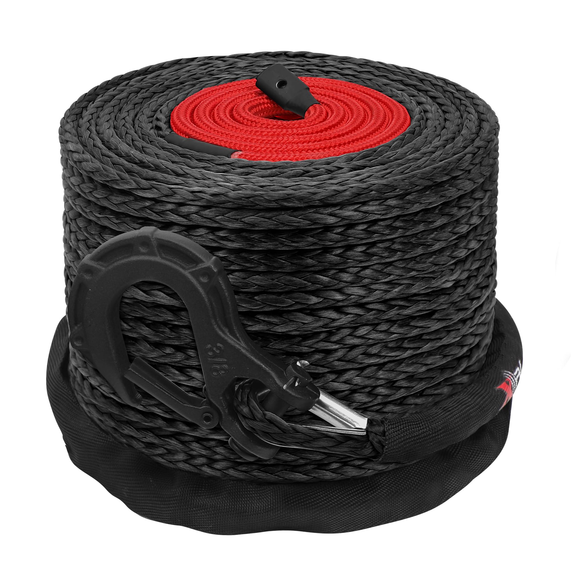 XPV 3/8" x 100ft Synthetic Winch Rope 23,800lbs Dyneema Winch Line Cable Rope with Hook Black for Truck 4WD Off Road Vehicle Winch Accessory