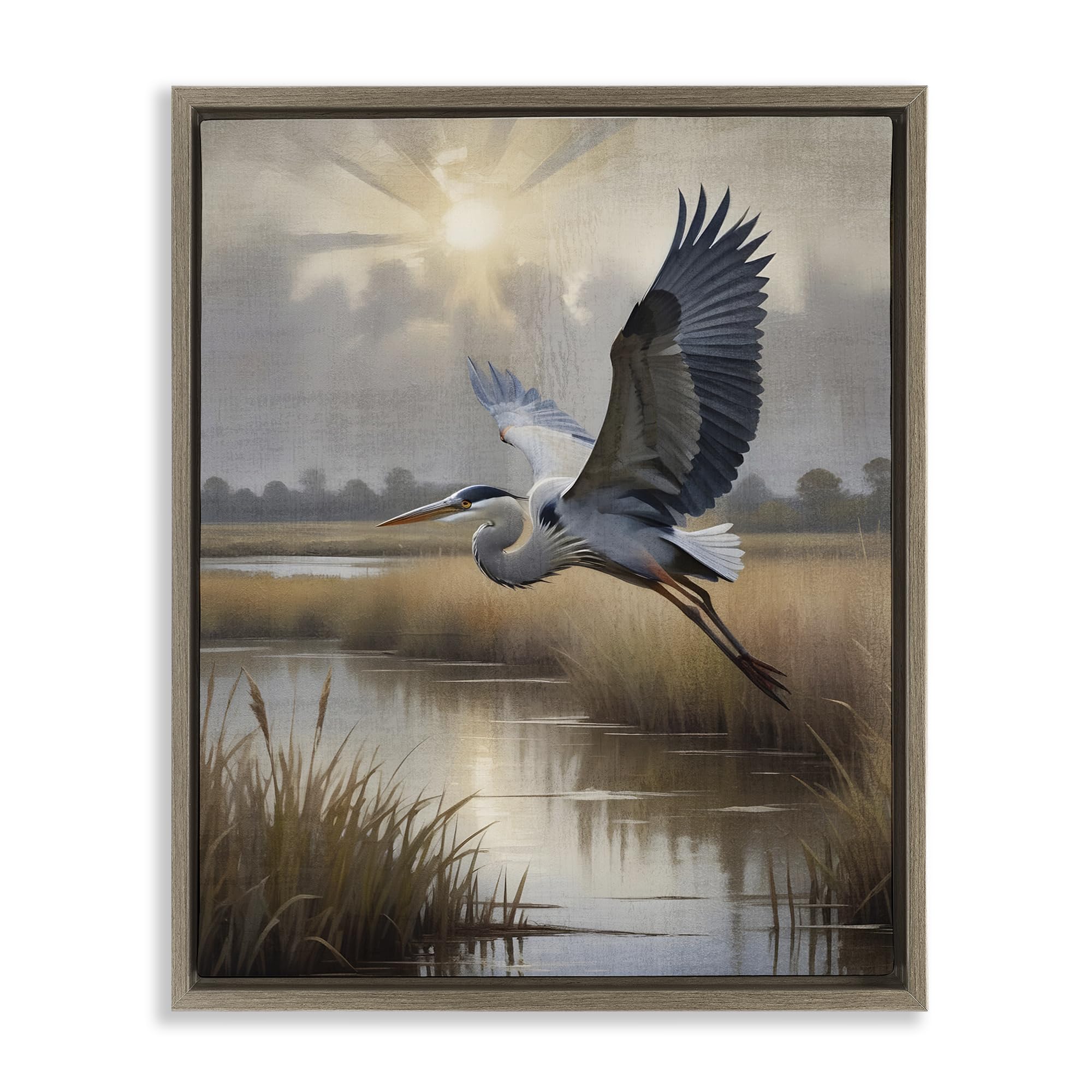 Stupell Industries 'Heron Flight over Wetlands', Floating Frame Canvas Art, Brown, 17 x 21 Inches, Easy to Hang and Sturdy, Made in USA, by Susan Arnot
