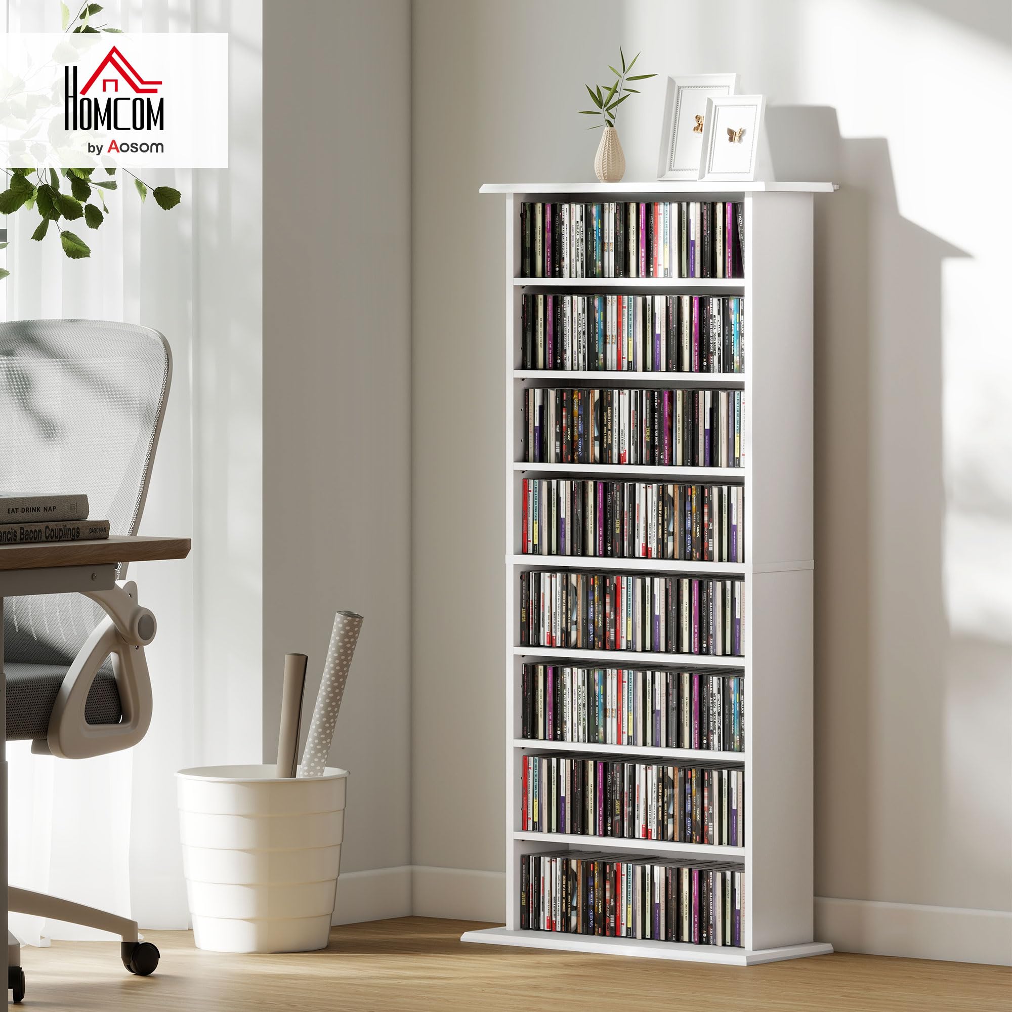 Almacén de CD y DVD HOMCOM, Unidad de Almacenamiento Multimedia con 8 Compartimentos y 6 estantes Ajustables, Capacidad máx. 360 CD/185 DVD y BLU-Ray, 58 x 24 x 124,5 cm, Blanco