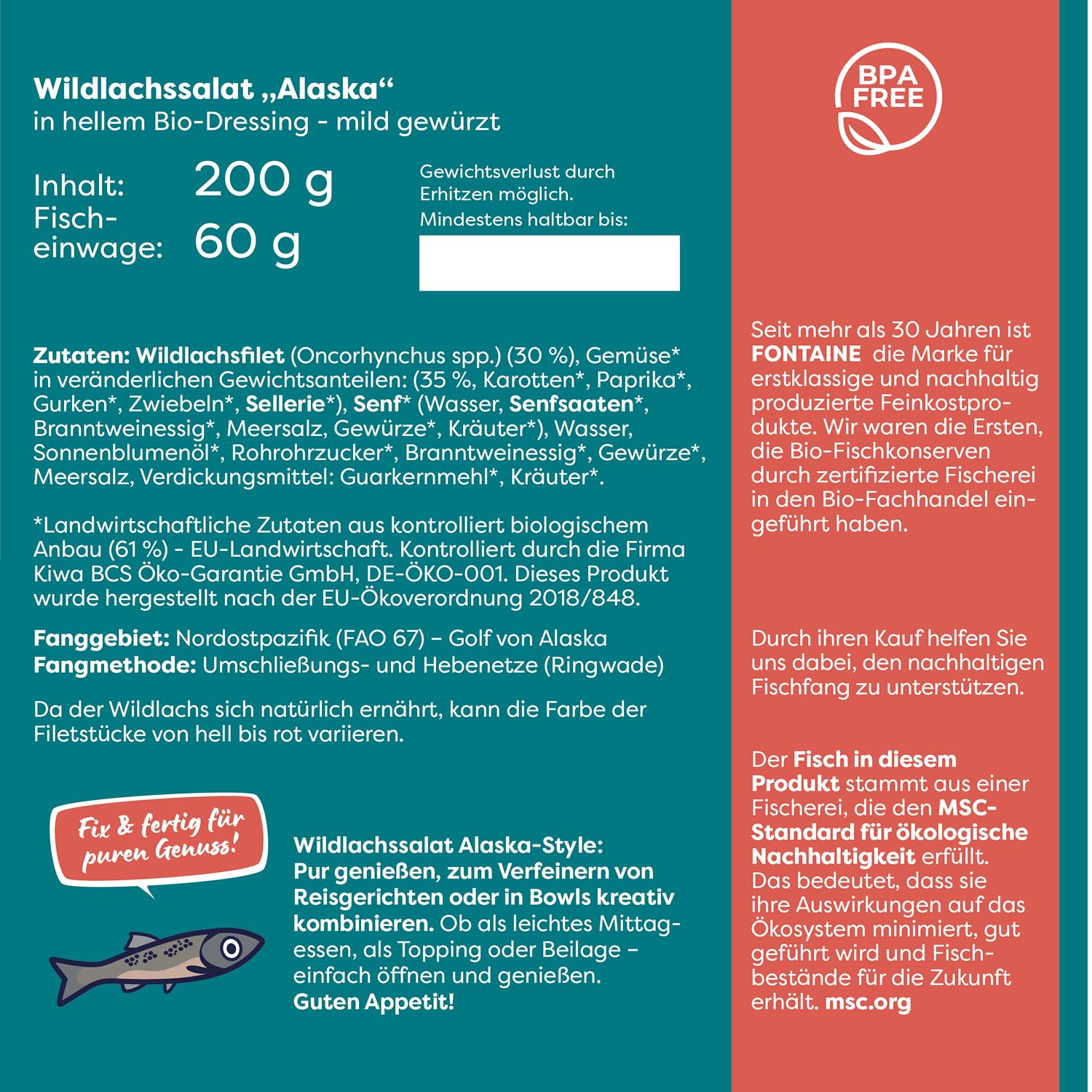 Fontaine - Wildlachs Salat "Alaska-Style" in mildem Bio-Dressing – 200 g – 5er Pack - Premium Lachsfilets aus 100% zertifizierter, nachhaltiger Fischerei