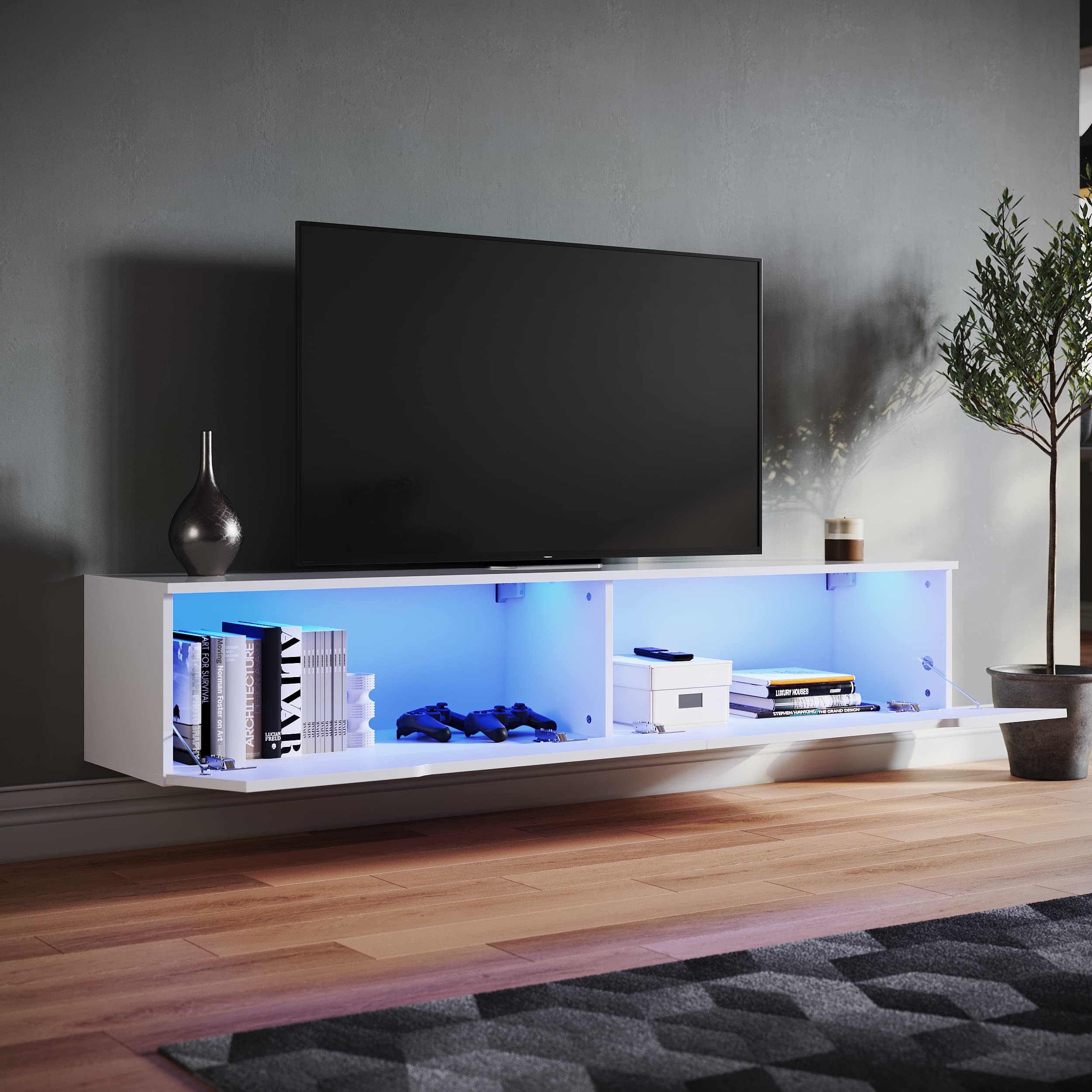 SONNI Mueble TV con Luz LED Regulables de 12 Colores,Mueble de Salón Blanco 180x35x30cm