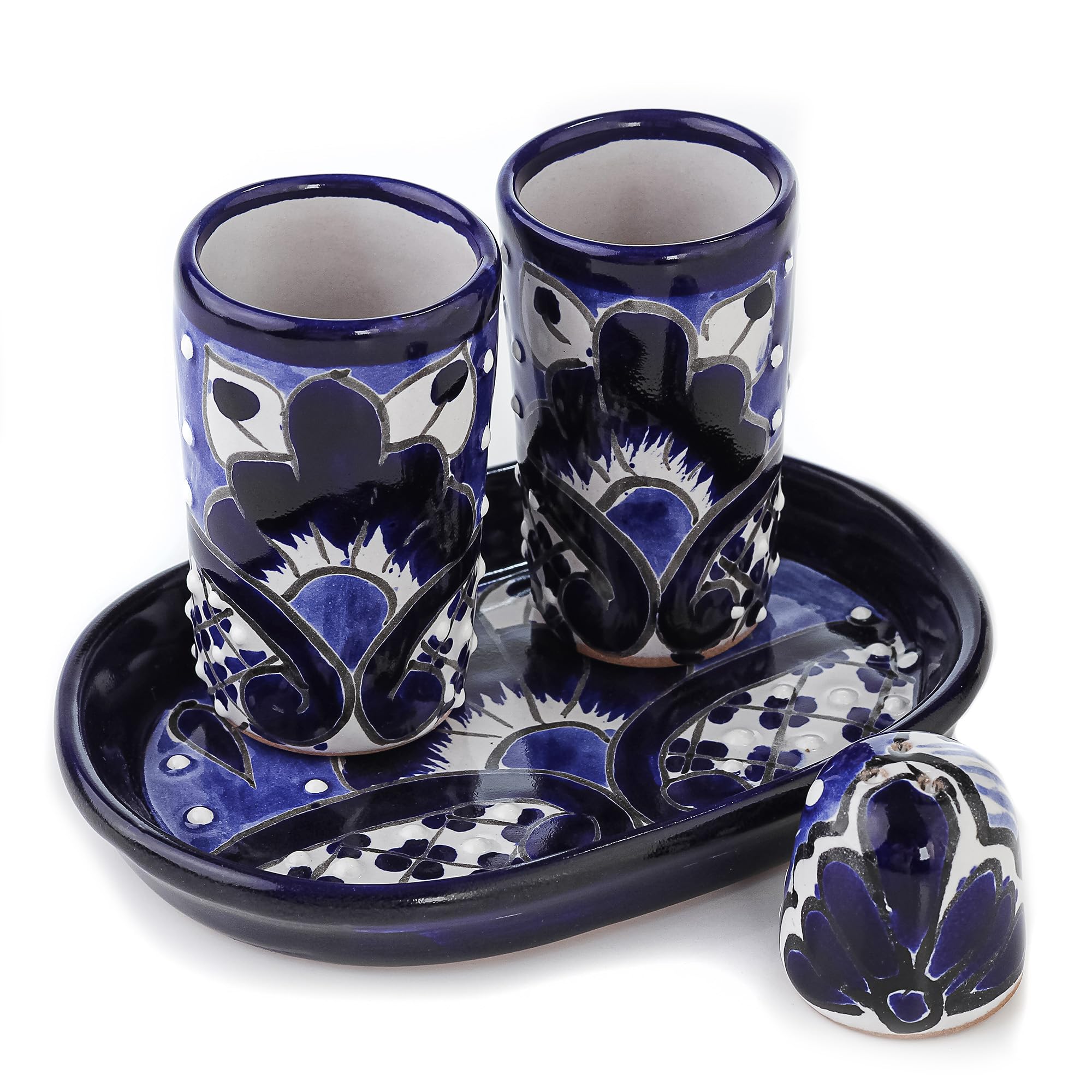 Talavera Tequila Shot Glasses with Tray & Salt Shaker (Set of 2) - Blue Design - Hand-Painted Authentic Mexican Gift Set