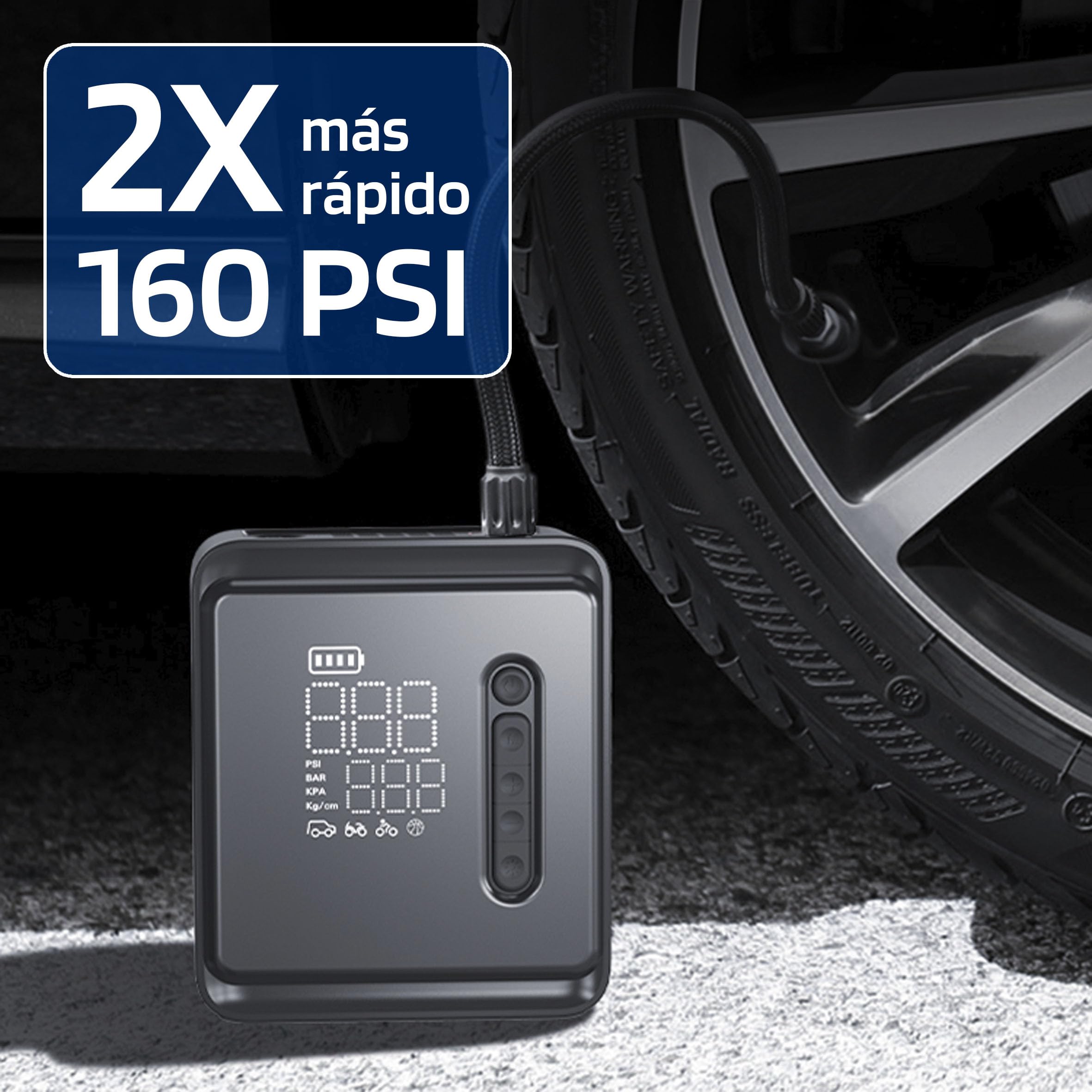 S SUMEX Mini Compresor Aire Portatil Bateria Recargable Inflador Ruedas Coche 160PSI/10,3Bar/12V/120W con Iluminación LED de Emergencia y 5 Modos de Inflado para Coche Moto Pelota Bicicleta