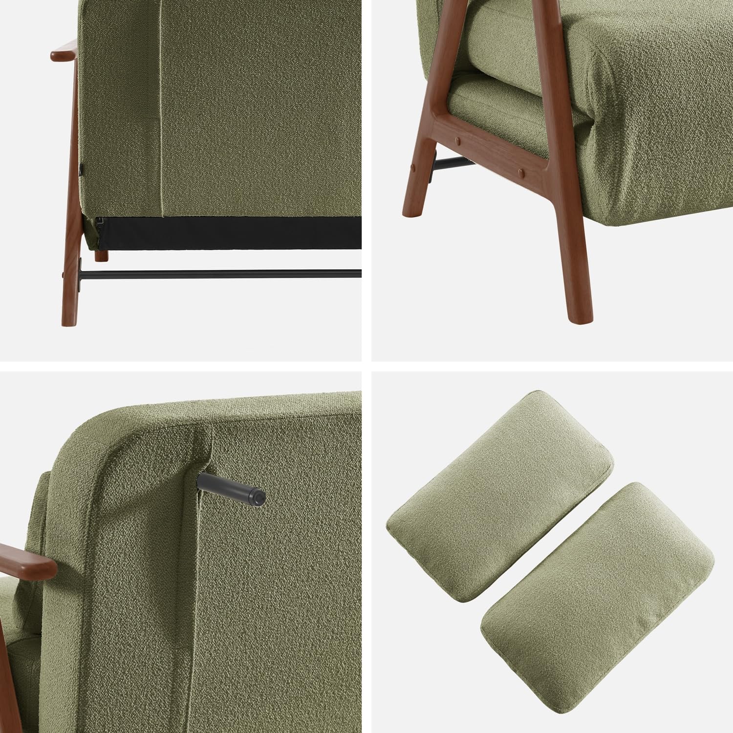 Alice's Garden sweeek - Banquette canapé Convertible 2 Places Bois d'hévéa teinté Noyer Clair et Bouclette texturée Kaki L 133 x P 81 x 84cm - Sven