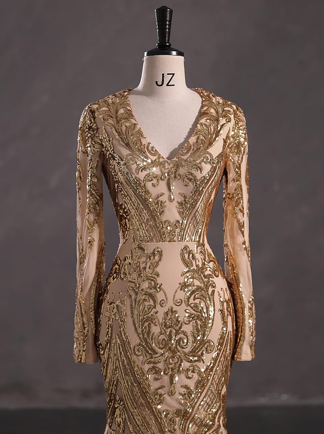 Women's V-Neck Sequins Long Sleeves Mermaid Formal Evening Dress - Image 6