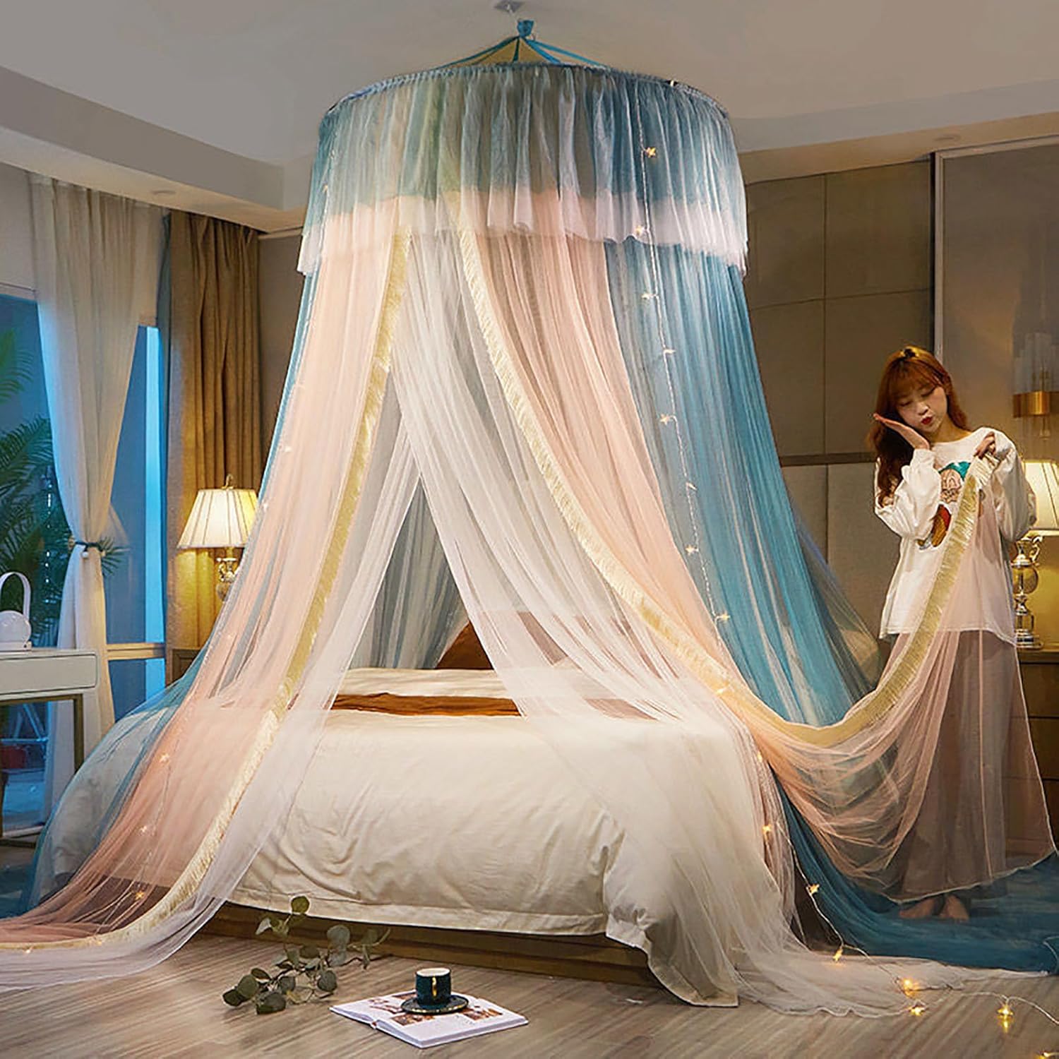 Luxurious Bed Canopy, Double Layer Bed Curtain Canopy Drapes, Round Dome Lace Princess Canopies Netting,G,1.8M
