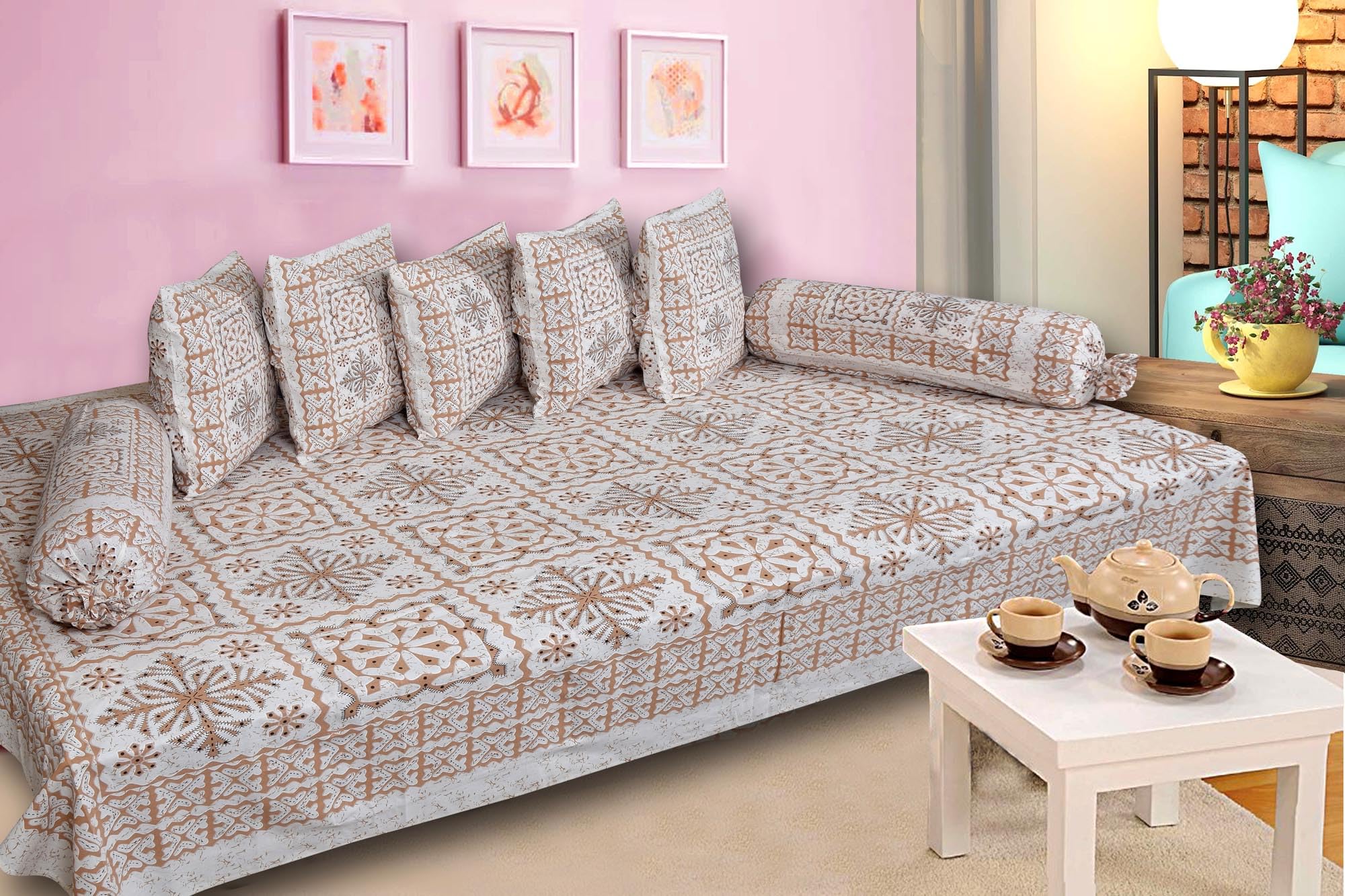 AMLEXTTRIZ Block Print Cotton Diwan Set – 8 Pcs (1 Bedsheet, 5 Cushion Covers, 2 Bolster Covers) (Brown)-image-46