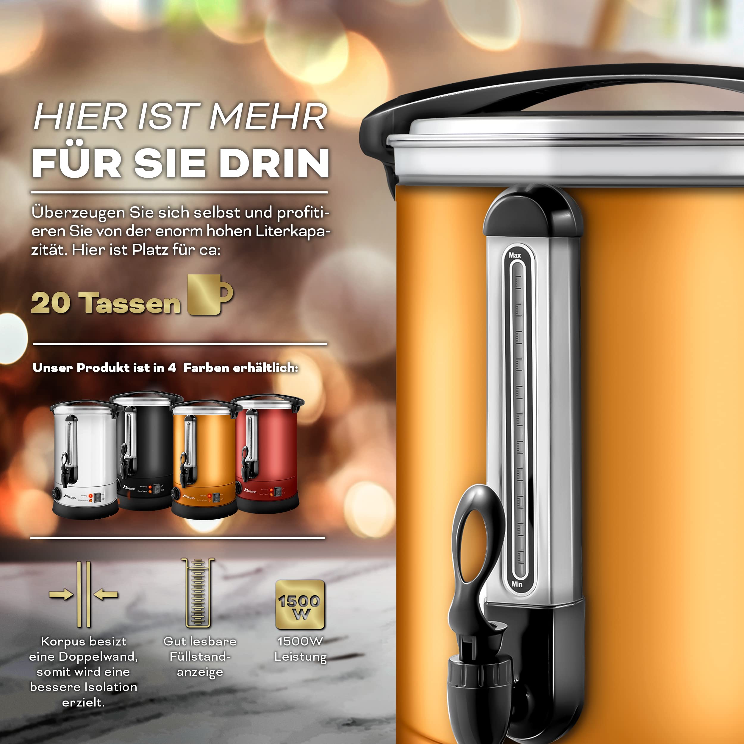 TRESKO® Bollitore per Vin Brulè 6,8L / 1500W Automatica da Cucina in Acciaio Inox Bollitore Vin Brulè Dispenser di Bevande Calde Distributore di Acqua Calda