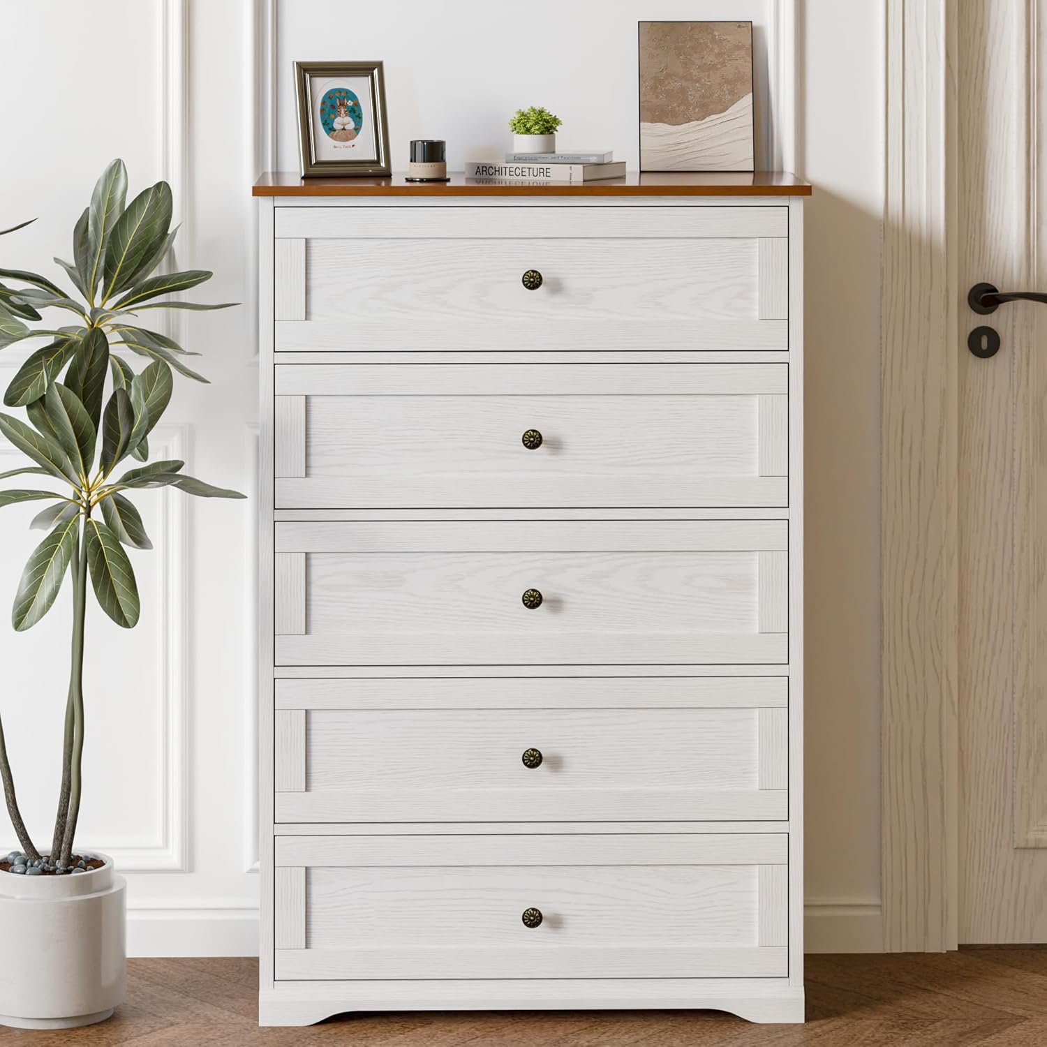Zamildon's 5 Drawer Dresser, 47" Tall Dressers for Bedroom with Anti-Tip Device, White Dresser with Brown Countertop Farmhouse Storage Closet with Handle for Hallway,Entryway