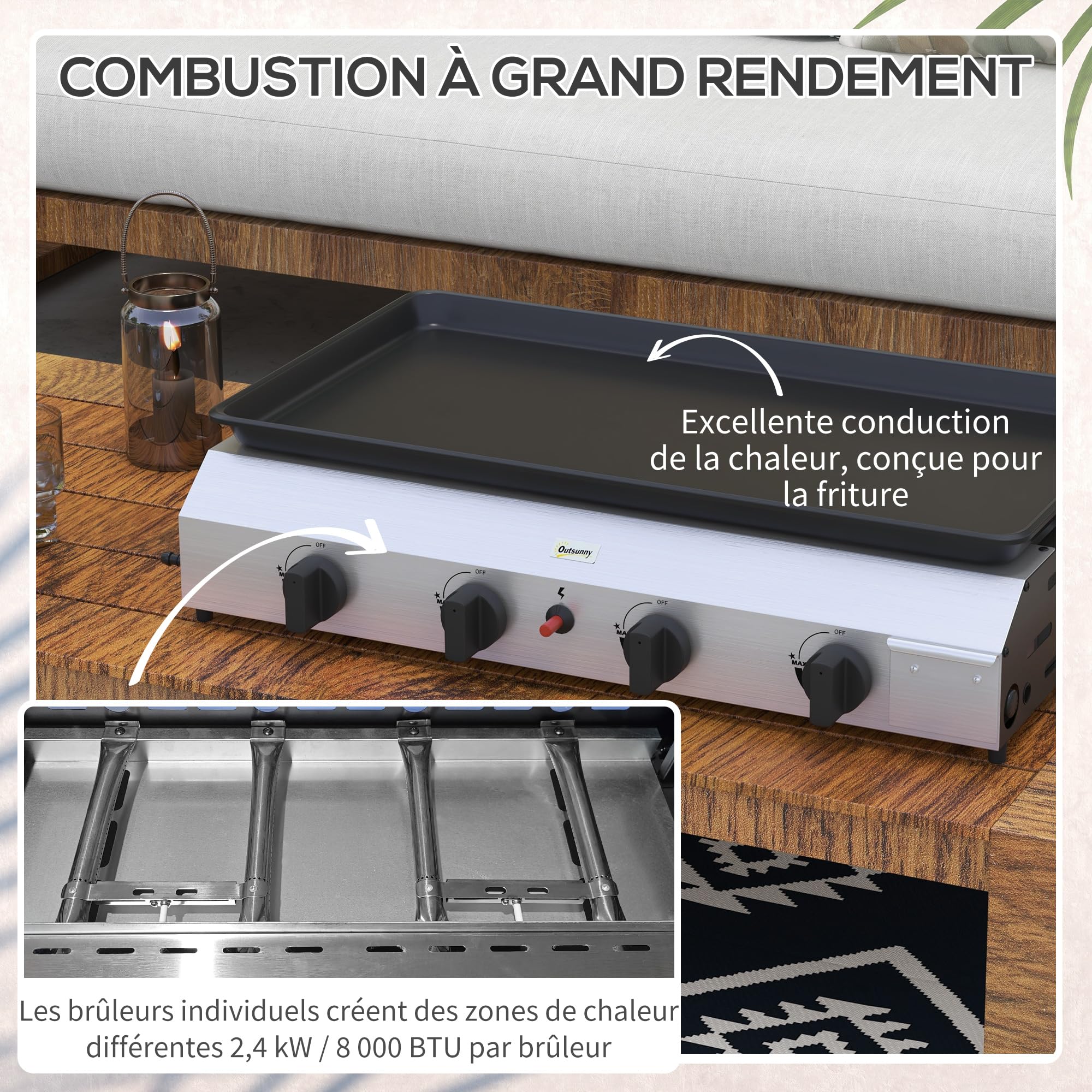 Outsunny Plancha gaz en acier inox émaillé plaque de cuisson 4 brûleurs 9,6 kW antiadhésive grande surface de cuisson 73L x 34l cm, transportable