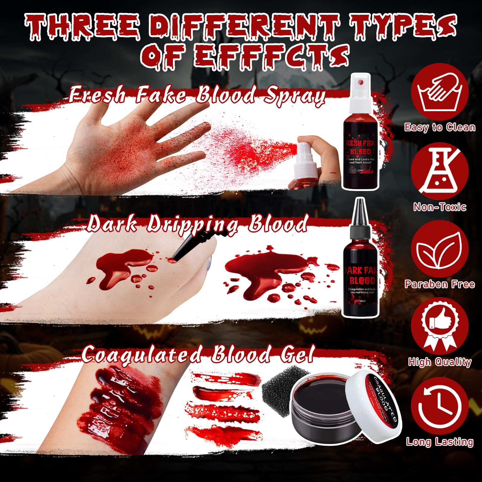 Halloween zestaw do makijażu ze sztuczną krwią, 60ml spray ze sztuczną krwią + 60ml kapiąca sztuczna krew + 30ml zakrzepłe osocze krwi + 2 gąbki + 1 pędzel do makijażu, sztuczna krew zmywalna do