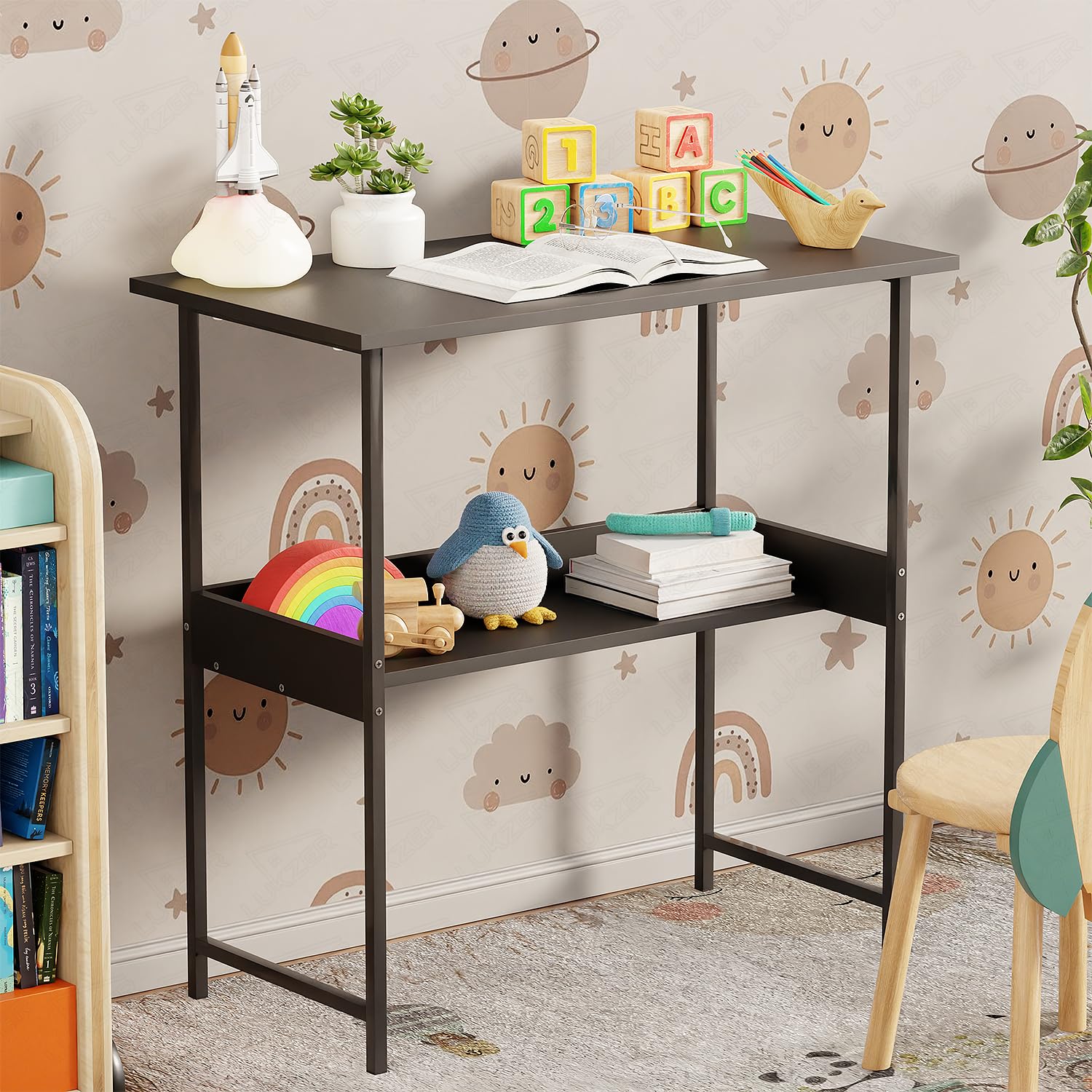 Lukzer Study Desk with Open Storage Shelf | MST-004S/Black & Black | Durable Metal & Wooden Study Table for Home & Office | Space-Saving Laptop/Computer Workstation for Students & WFH (75x40x75 cm)