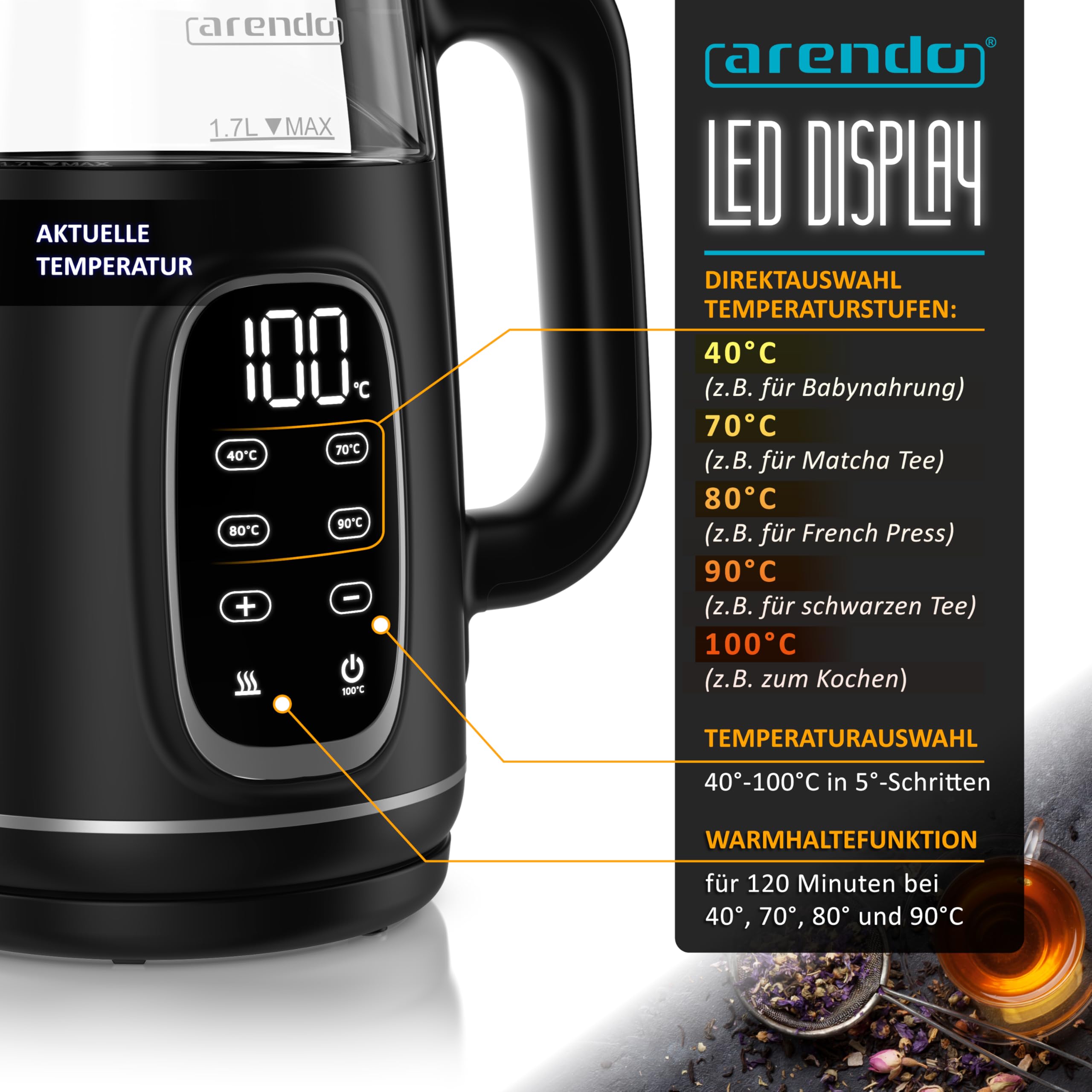 Arendo - Glas Wasserkocher mit Temperatureinstellung - Edelstahl - Doppelwand Design Cool Touch - Display im Gehäuse - Kabellos - 2200 W - 1,7L – Überhitzungsschutz – Warmhaltefunktion – schwarz