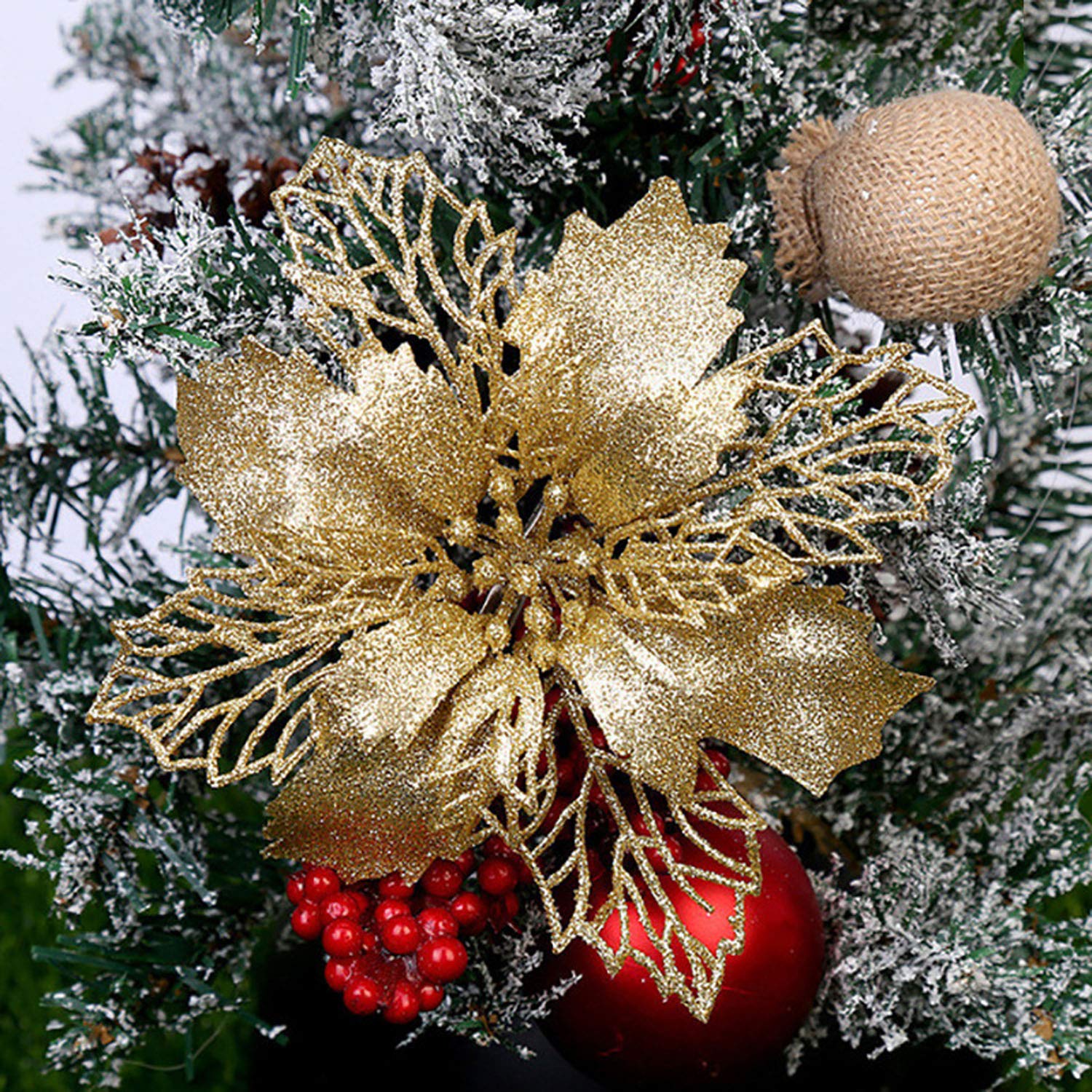 Amajoy 12pcs Glitter Poinsettia Ornamenti per Alberi di Natale Poinsettia Artificiale Fiore per Decorazioni Natalizie,Oro
