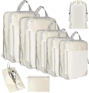 BUCOMTU 8 Piezas Organizador Maleta,Beige Bolsas Organizadoras Maleta,ICubos Impermeables para Viajar, Organizador de Maletas con Bolsas para Ropa y Zapatos, set Organizador de viaje