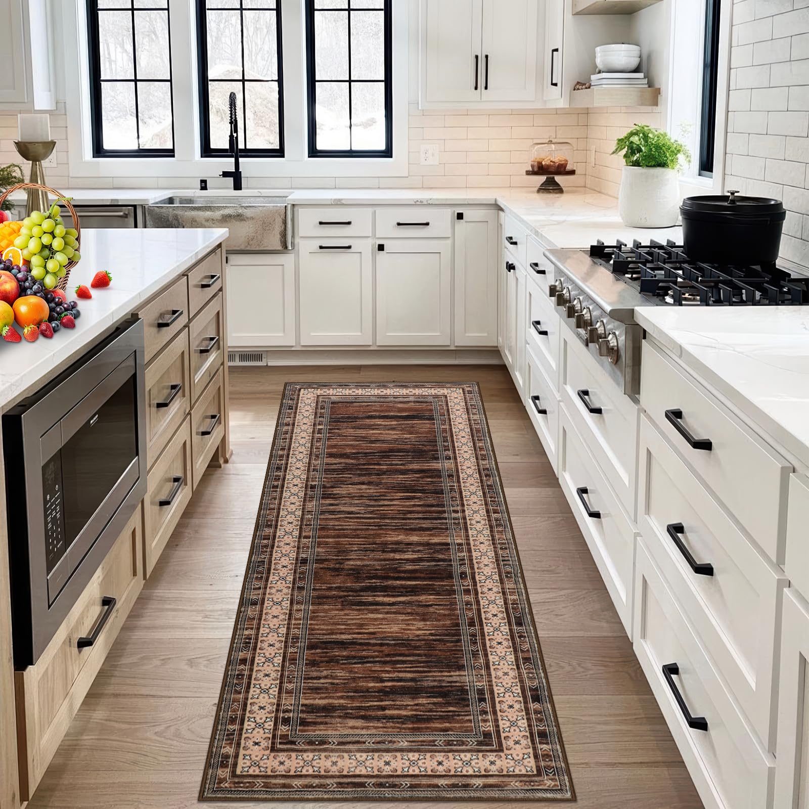 Modern Braun Läufer Teppich für Flur Waschbarer Läufer Teppich Flur 65x240cm Bettvorleger Küchen Wohnzimmer Schlafzimmer Teppiche rutschfest Kurzflor Weich Flurläufer Teppichläufer