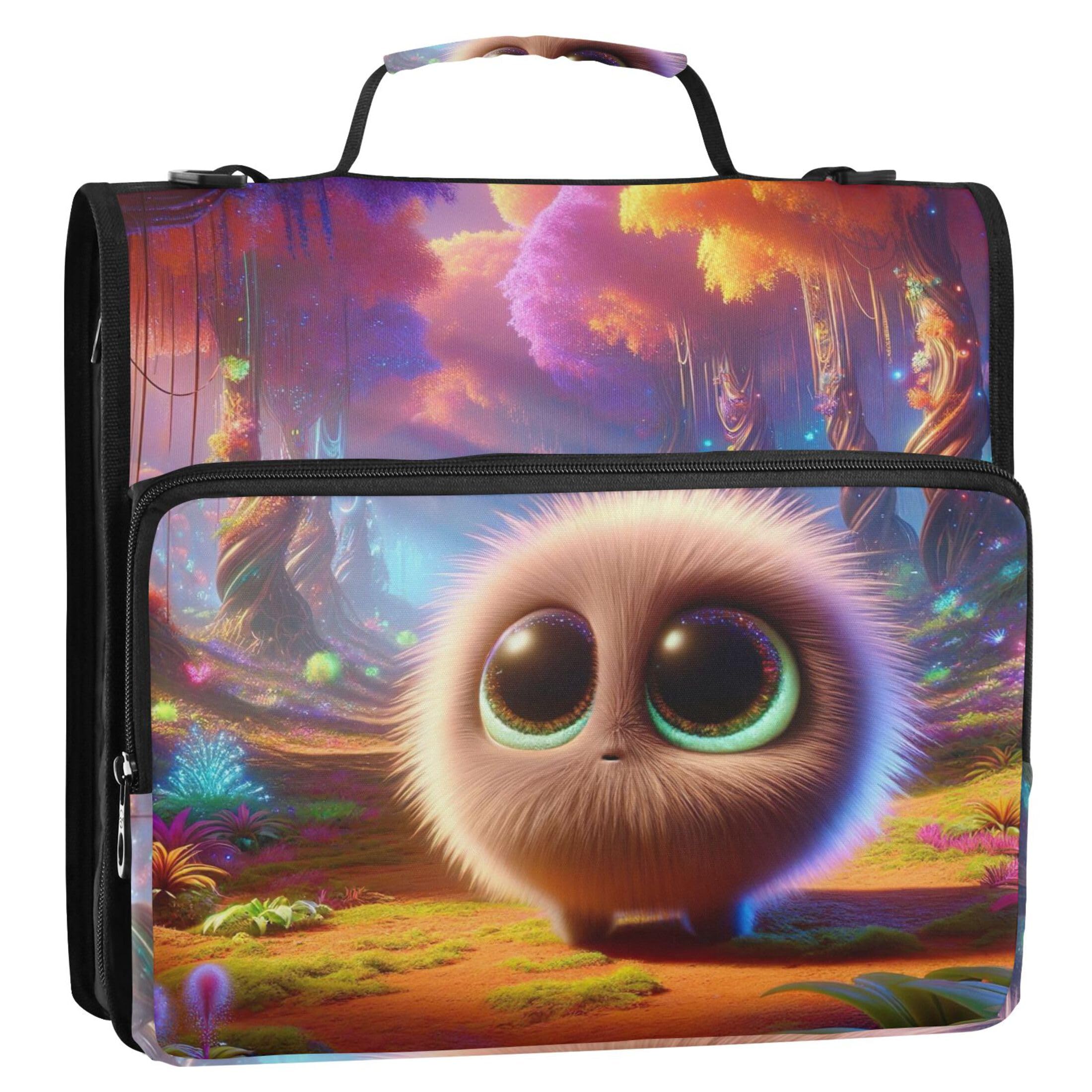 Zippered Binder Organizer 3D Animation Creature 1 1/2 Inch 3 Ring Binders D Ring Durable School Binders Bag with Shoulder Strap Storage Portfolio Case with Handle