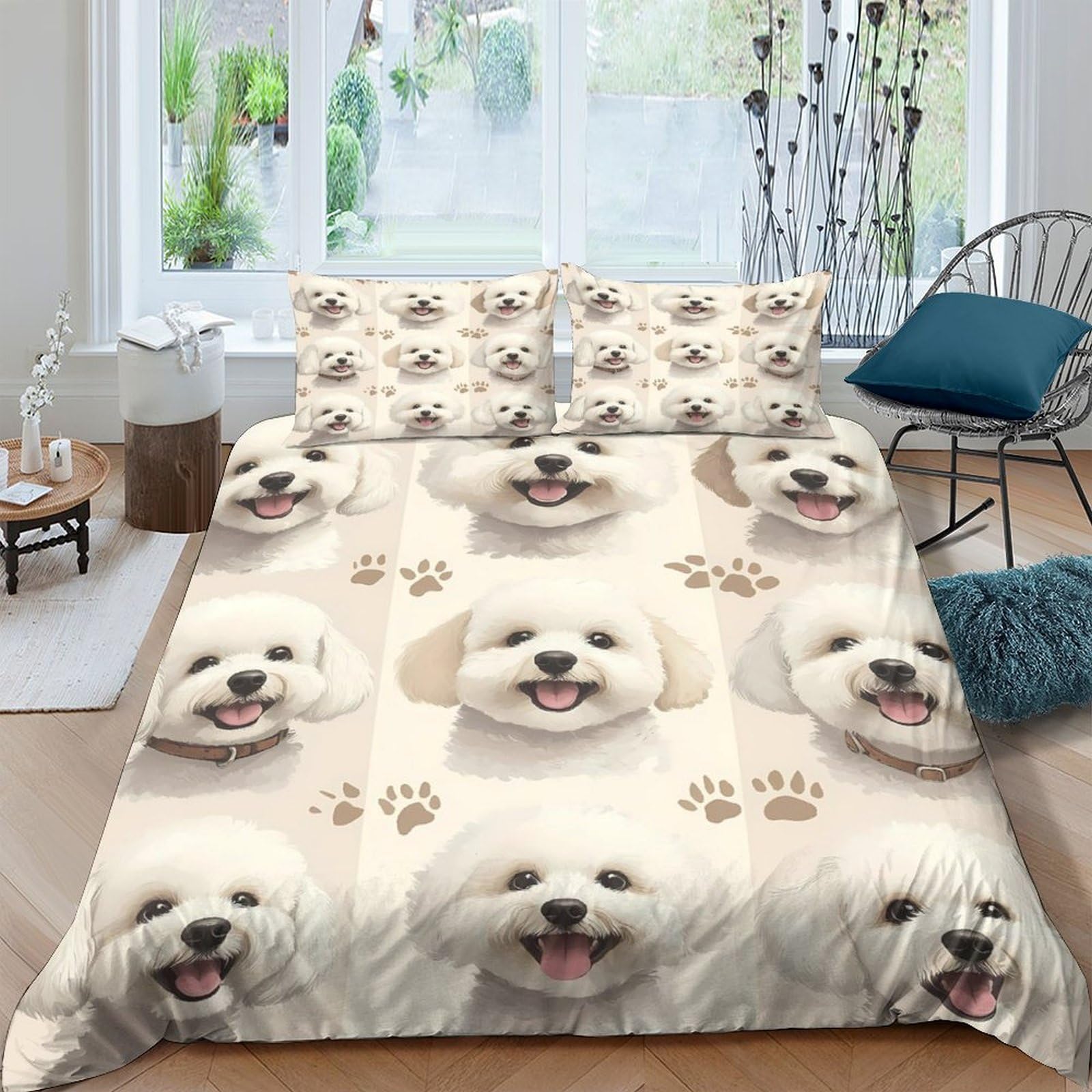 Ctjqhvkz Style-8 3D Printed White Bichon Fitted Sheet Microfiber Soft Dog Paw Pattern Mattress Cover For Bedroom Guest Room Decor Single（135X200cm）