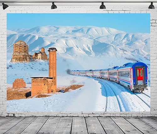 CORFOTO Telón de fondo de fotografía de tren de disco de invierno de 7 x 5 pies, fondo de montaña nevada, decoraciones de ruinas ANI para baby