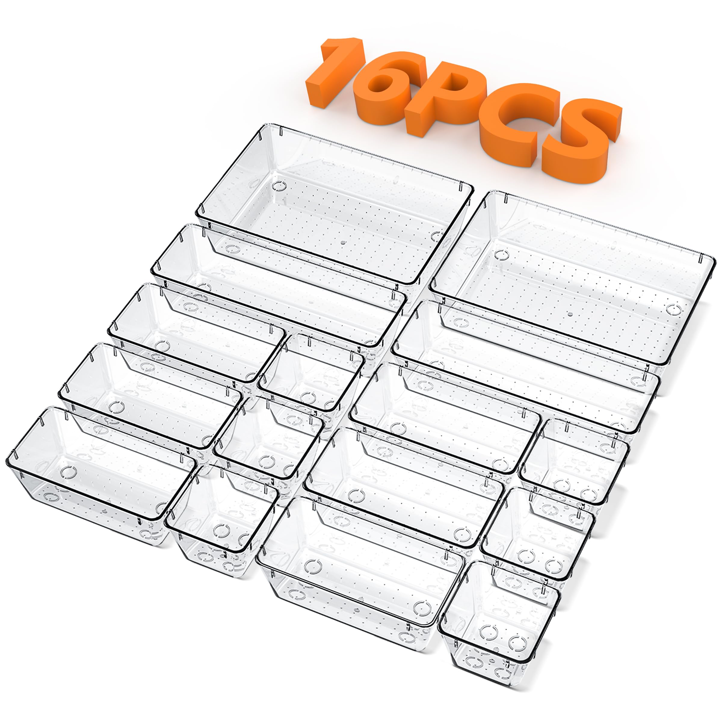 TOWINGO Set de 16 Organizadores de Cajones de Plástico, Transparente Separadores de Cajones de Escritorio de 4 Tamaños, Organizador Cajones para, Maquillaje, Baño, Cocina, Escritorio