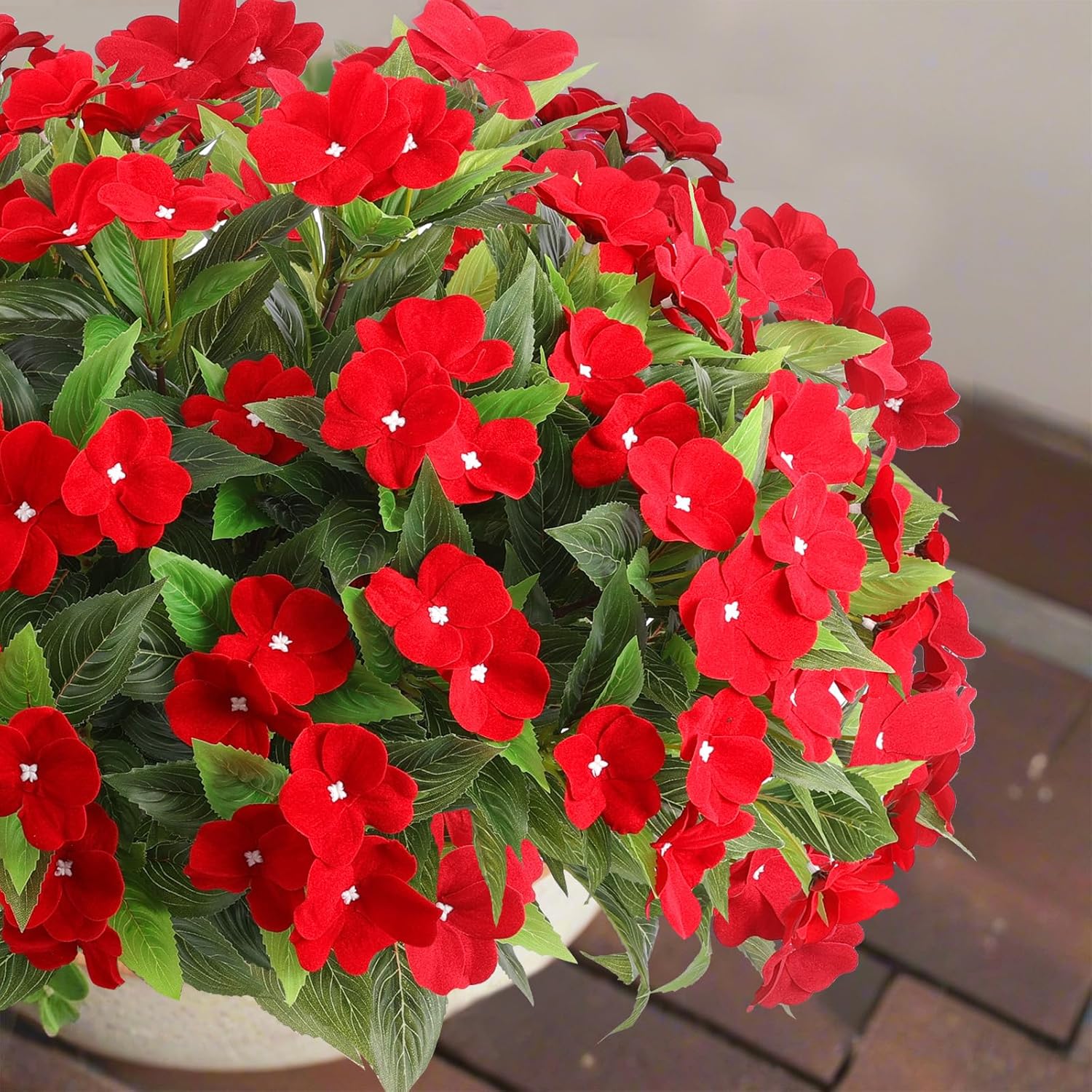 4 Pcs Artificial Flowers for Indoor Silk Impatiens Flowers Indoor Faux Impatiens Plants Red Impatien for Outside Pot Patio Garden Hanging Basket Porch Decor (4, Red) Red 4