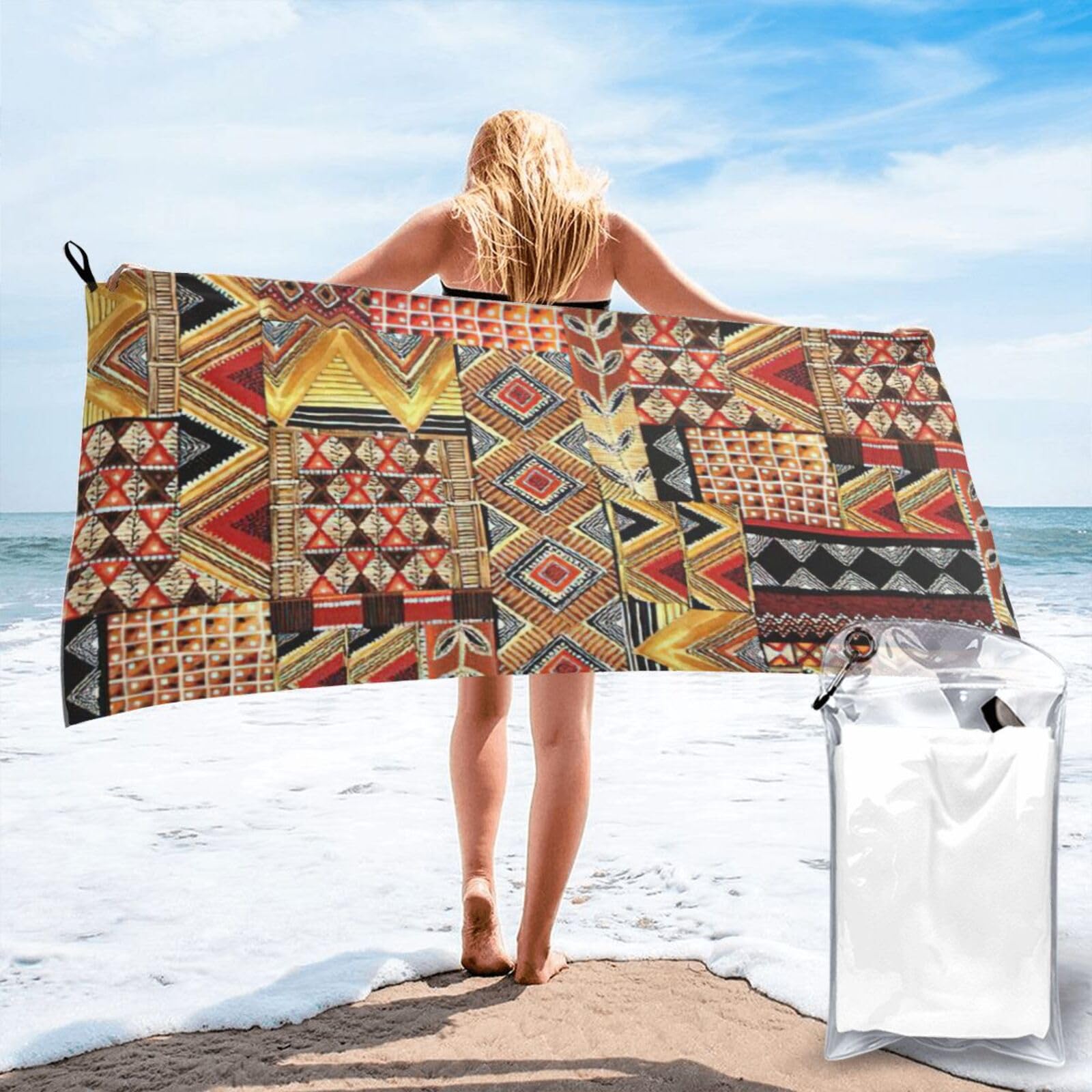 Nimongt Men's White African Textile Patchwork Print Adult Towel Travel Gym Beach Hiking Yoga Camping Lightweight Quick Dry Versatile