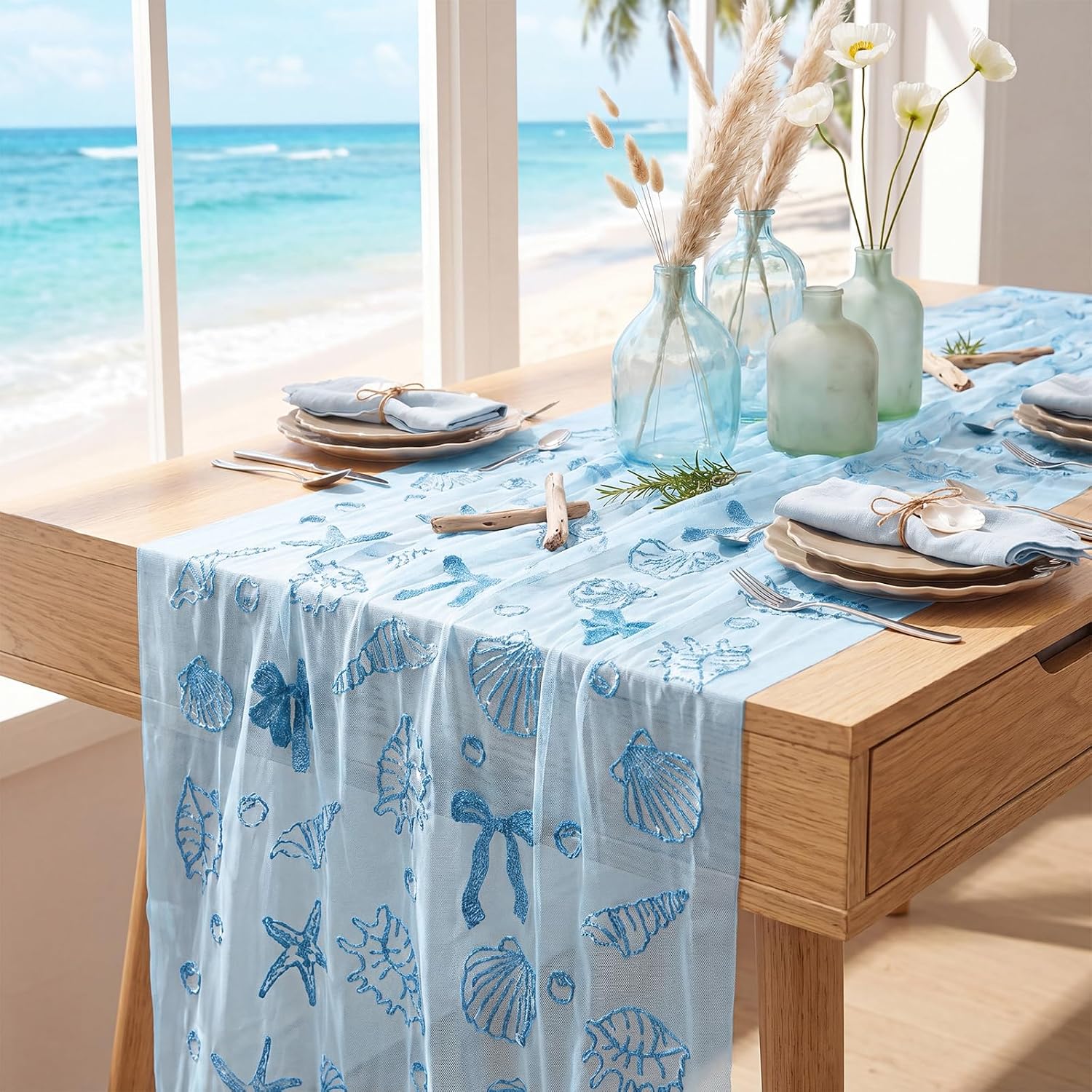 Mindsoft 1 Pcs Coastal Ocean Table Runner 10 Ft/120 Inch Coastal Baby Shower Decorations Seashell Starfish Tulle Lace Table Runner for Birthday Baby Shower Party Wedding Summer Home Decor (Seashell)