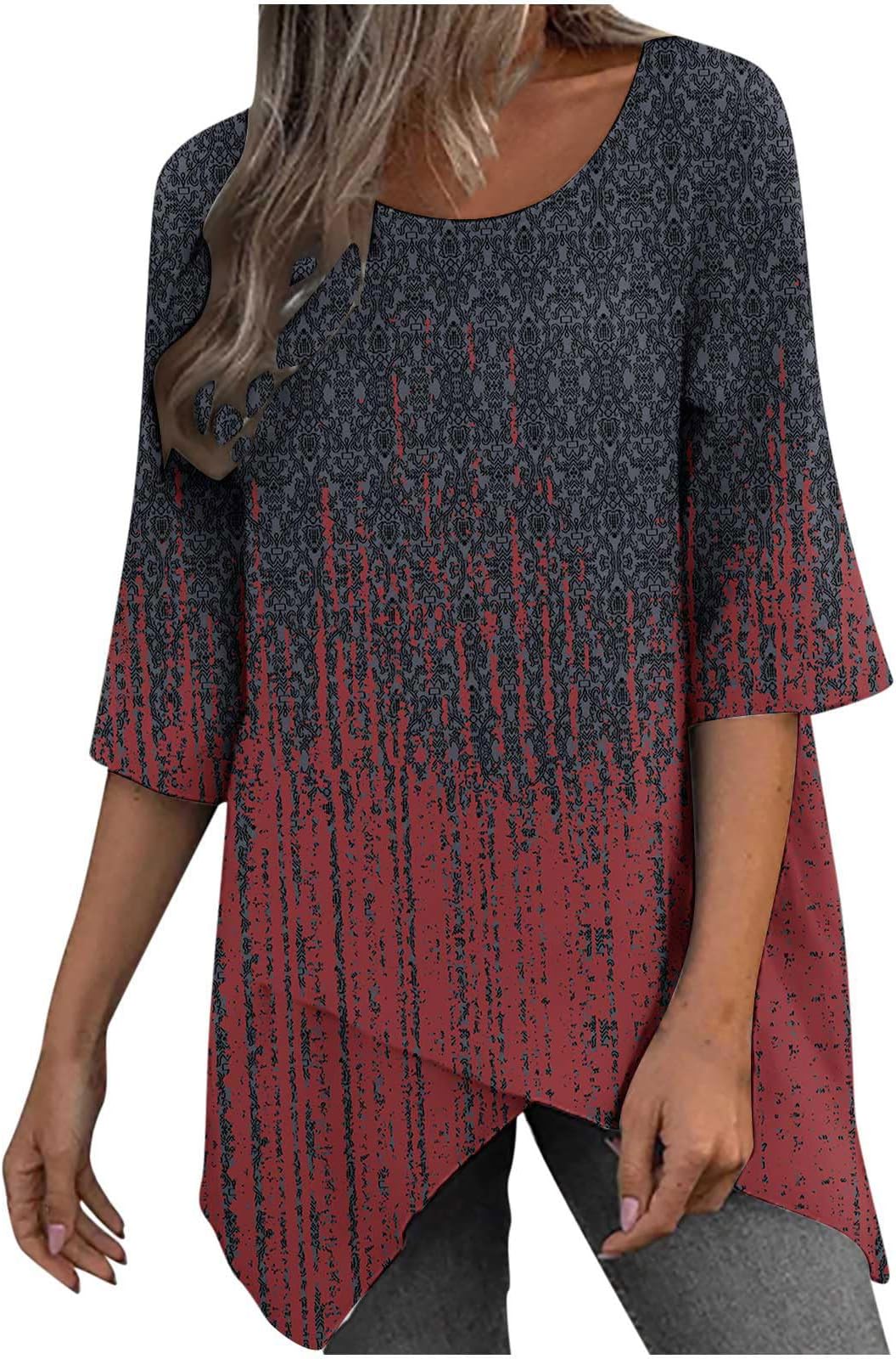 Women Three-Quarter Sleeve Striped Print Tops Trendy Crewneck Irregular Tunic Tshirt Fall Winter Comfy Casual Pullover Blouse