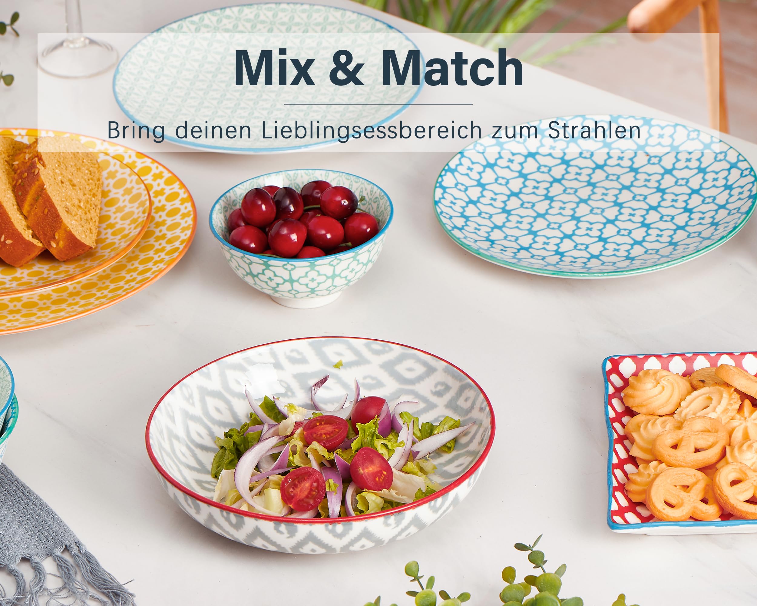 ONEMORE Suppenteller Porzellan, 1065 ml Suppenschalen 6er Set, Servierplatte, RamenSchalen für Nudeln, Salat, Suppe, Haferflocken, Leuchtende Farben