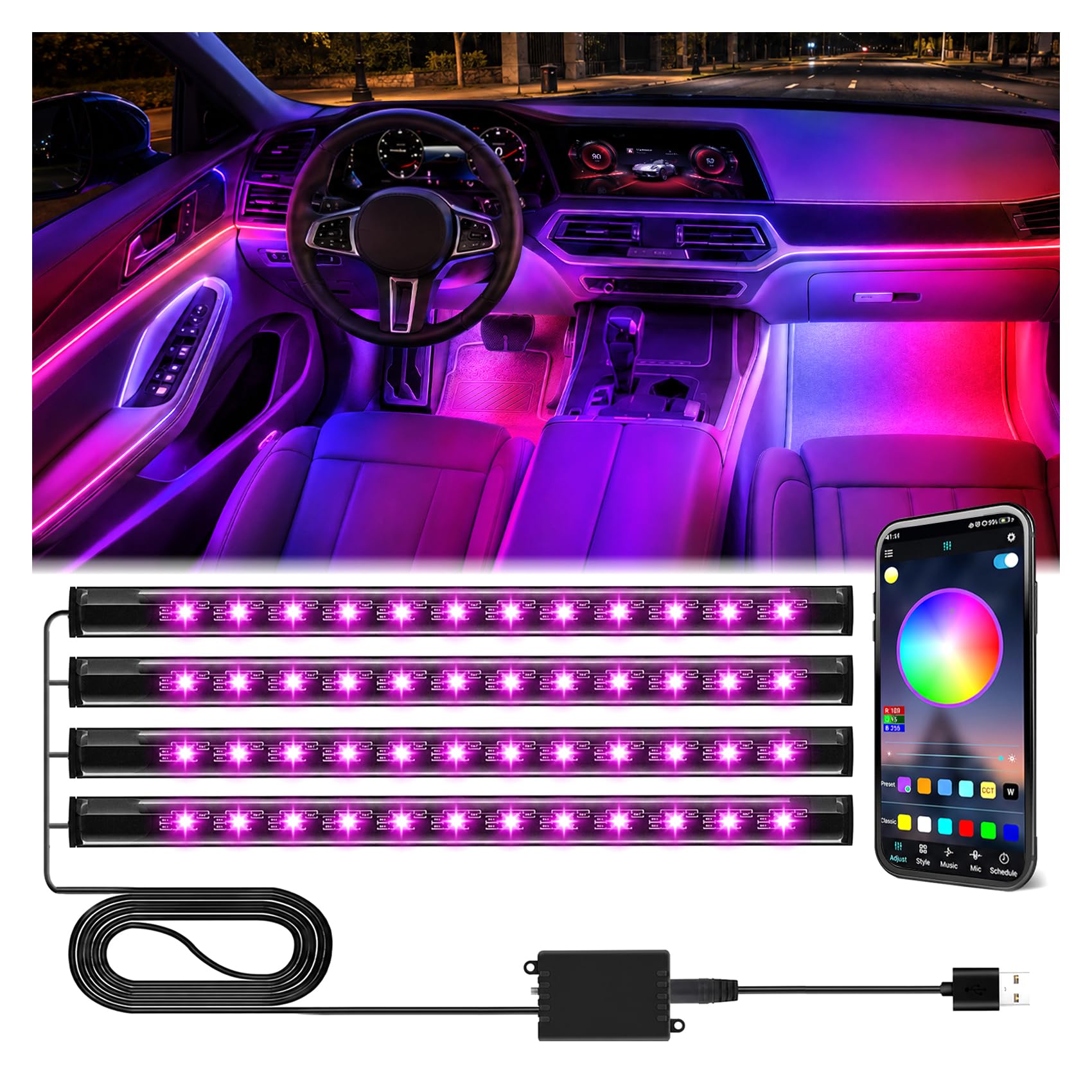 Winzwon Car Led Lights Interior 4 Pcs 48 Led Strip Light for Car with USB Port APP Control for iPhone Android Smart Phone Infinite DIY Colors Music Microphone Control-image-40