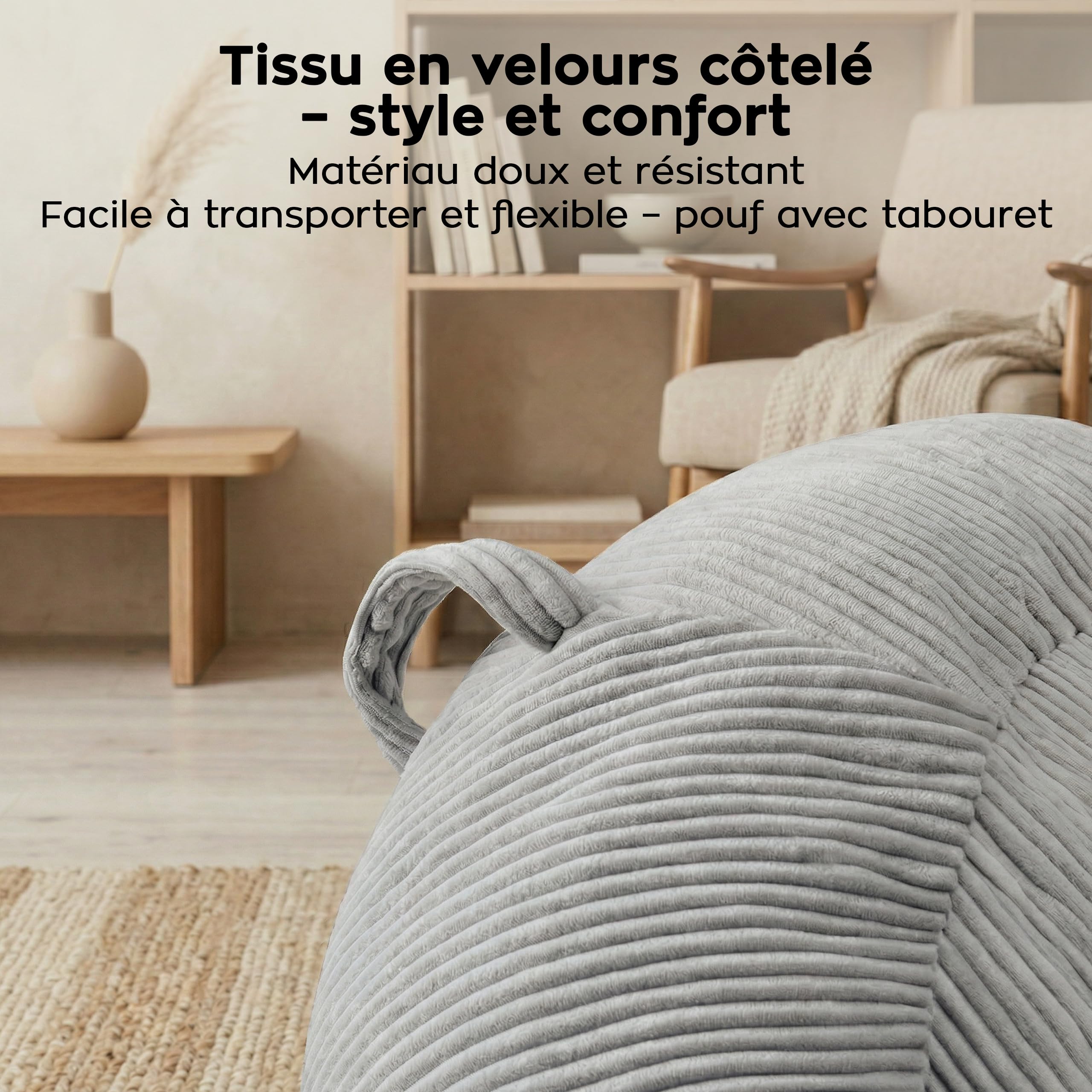 MARK ADLER Comfy 3.0 Fauteuil Pouf XXL avec Repose-Pieds en Velours Côtelé – Ensemble Siège de Sol – Bean Bag Salon Moelleux avec Poche et Poignée - Idéal pour, Terrasse et Jardin – Gris