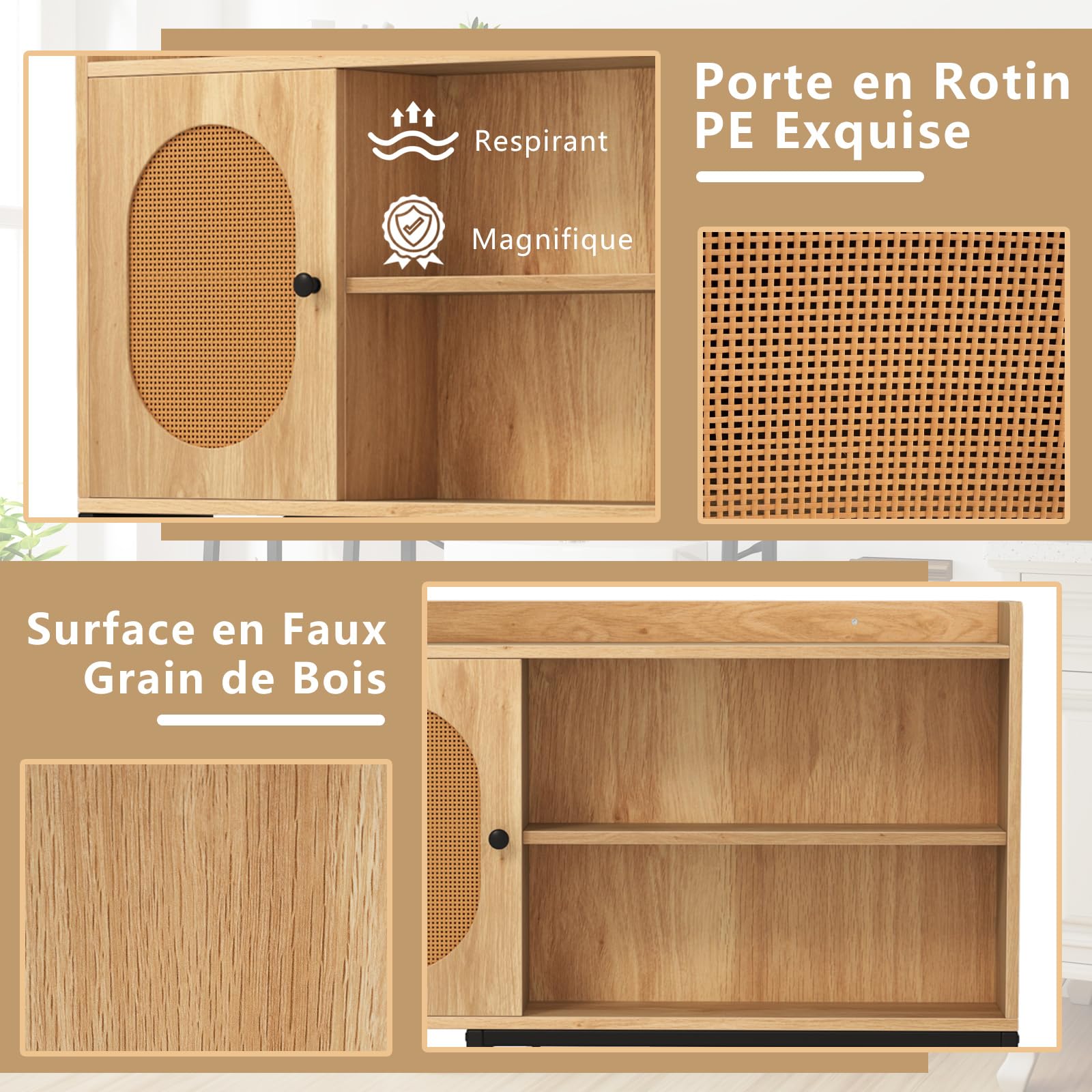 COSTWAY Armoire de Rangement Au-Dessus des Toilettes, Organisateur de Salle de Bain, Meuble WC Porte en Rotin PE, Etagères de Rangement Ouvertes et Réglables, pour Buanderie, Salle de Bain