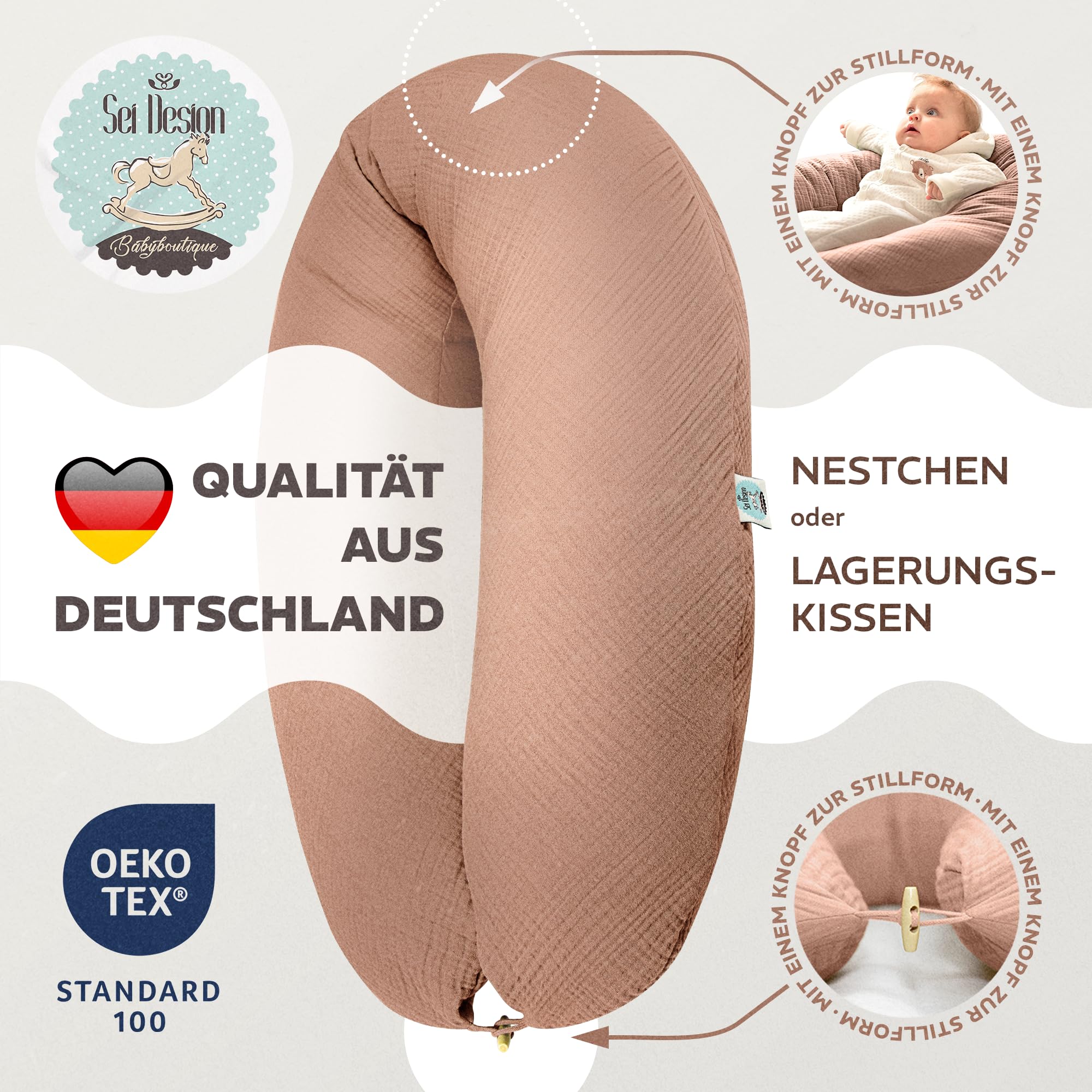 Sei Design - Cojín de Lactancia XXL 190 x 30 cm, Relleno de Bolitas de Fibras 3D, Muy Suave y Cómodo. Funda con Cremallera y Bordado Beige Pardo Talla:XXL