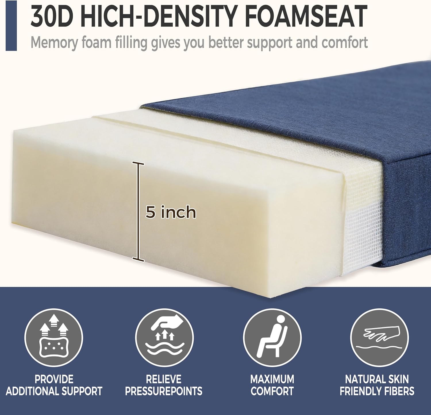 Art Leon Waterproof Outdoor Seat Cushion 24"x 24" 30D High Density Foam Patio Chair Cushions with Non-Slip Backing Patio Cushions for Patio Furniture Porch Swing Garden Bench Camping Stadium Navy Blue