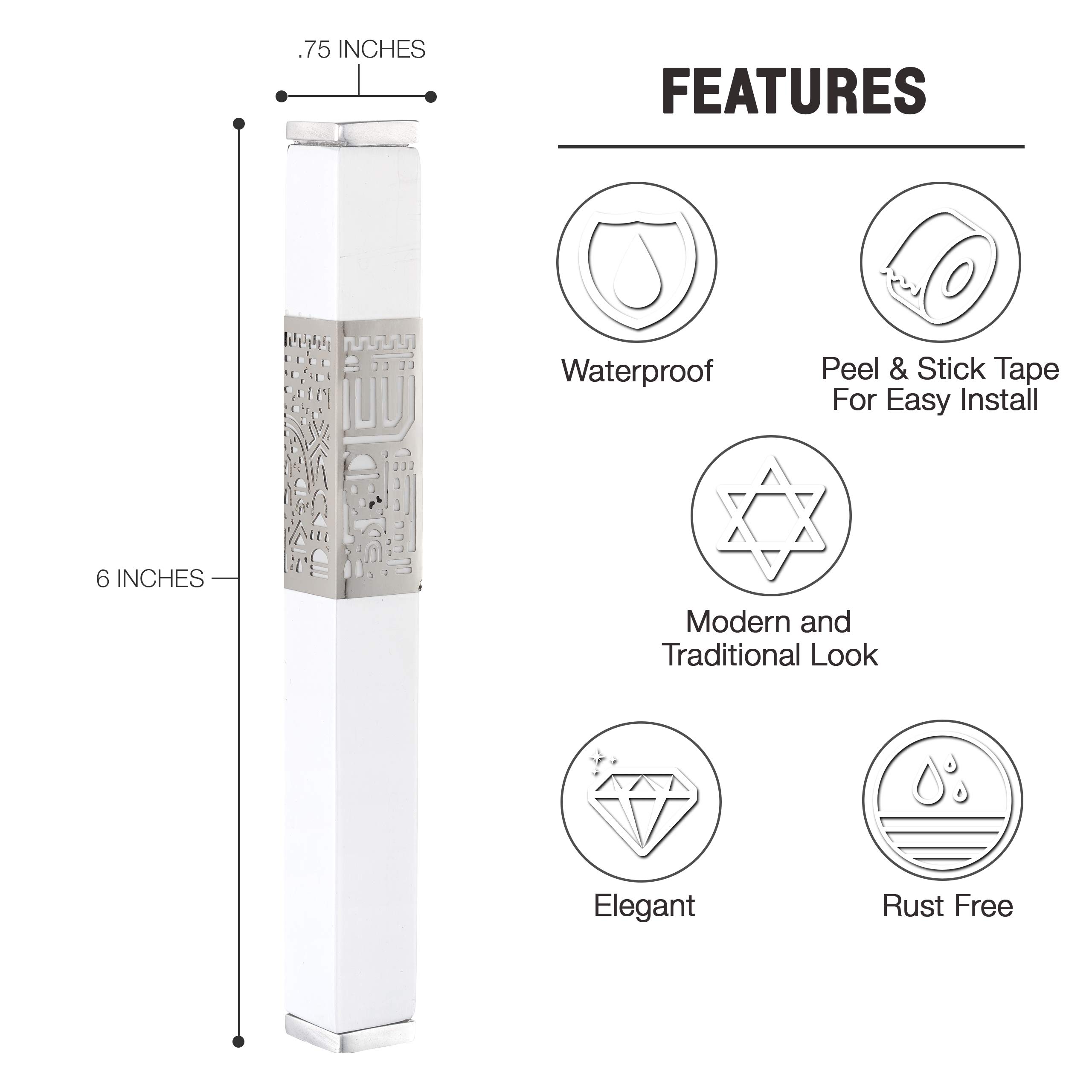 A&S Mezuzot Aluminum Mezuzah Case with Mordern Jerusalem Shin Design Waterproof Home Blessing Protection Housewarming Gift (White, 6 Inches)