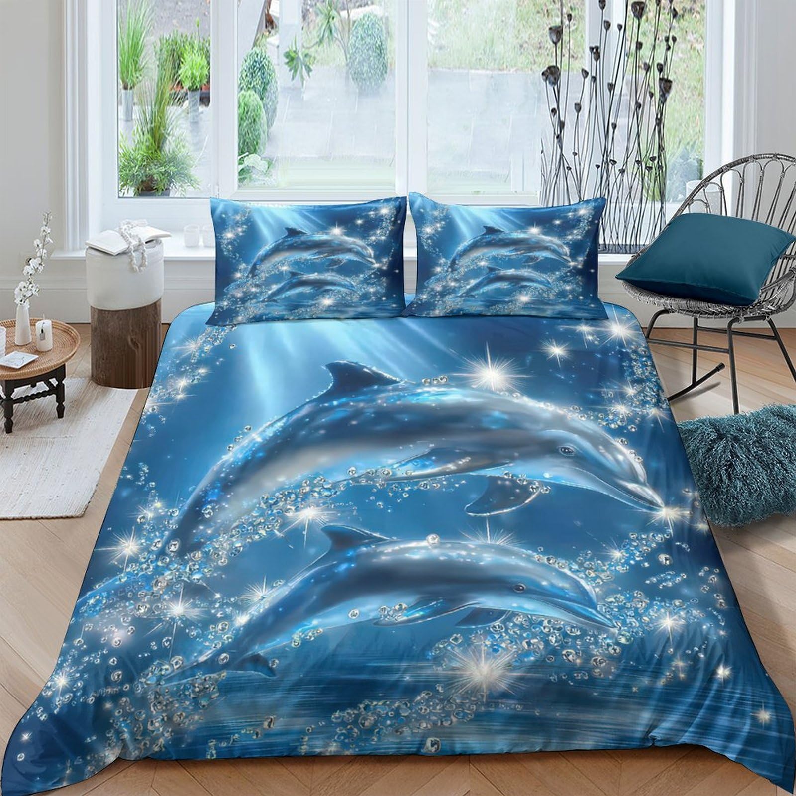 Ctjqhvkz Style-2 3D Printed Ocean Dolphin Fitted Sheet Microfiber Soft Blue Sea Mattress Cover For Bedroom Guest Room Home Decor Single（135X200cm）
