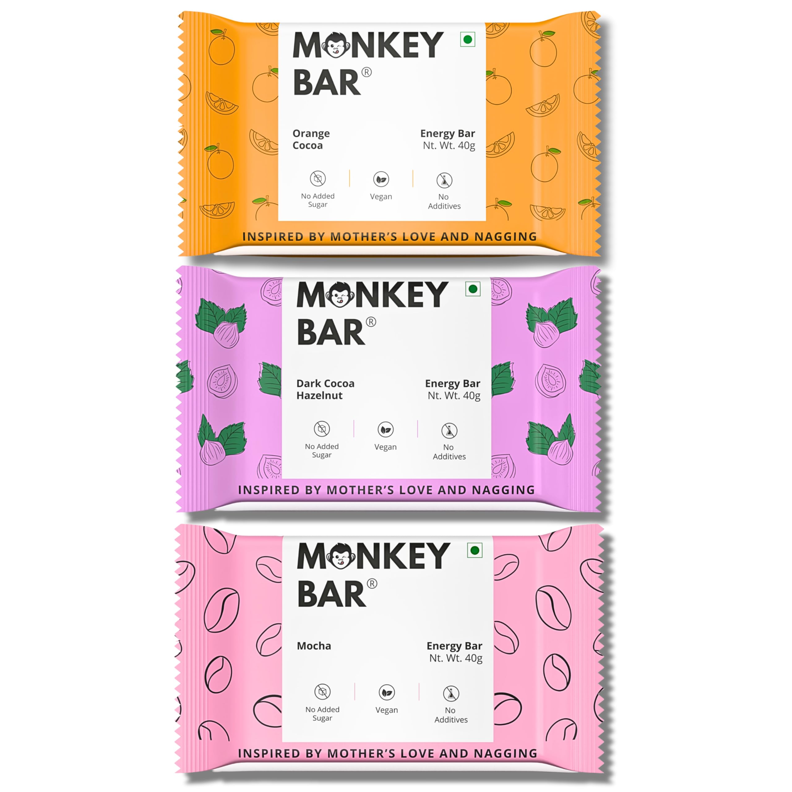 MONKEY BAR - Choco Energy Bars - 10 Bars, 3 Chocolaty Flavours, 40g each, Best for Healthy Clean Snacking, Just 4-6 Plant-based Ingredients, Dairy Free & Zero Added Sugar, Vegan, No Chemical Additives
