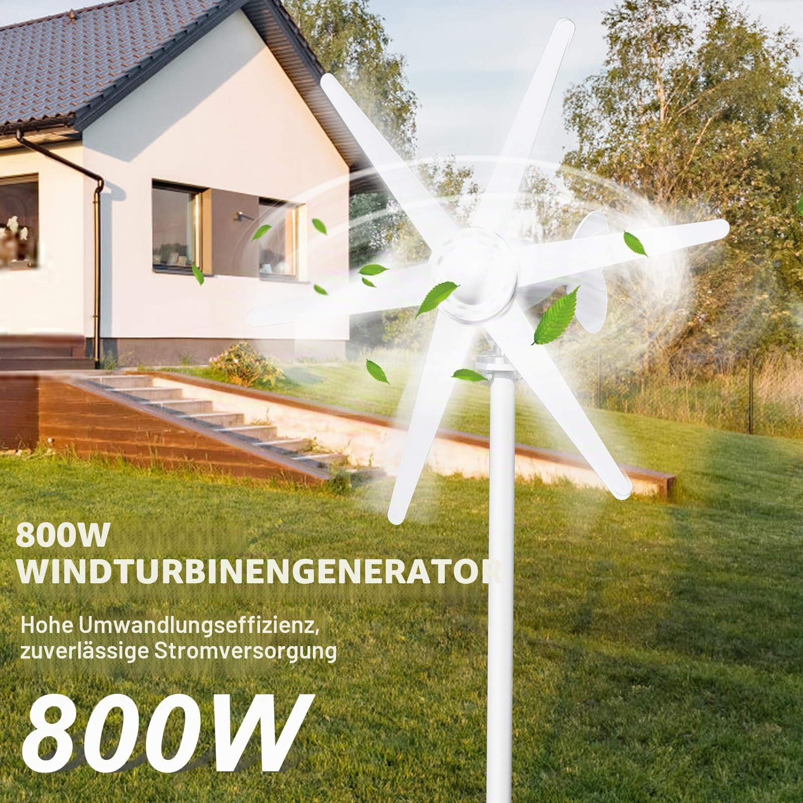 Windturbine Generator 800W 12V-24V mit 6 Blättern, niedrige Startwindgeschwindigkeit 1,0 m/s, Solar-Wind-Hybrid-Laderegler, Windrad für Haushalt, Boot, Solar-Insel-System (Weiß)