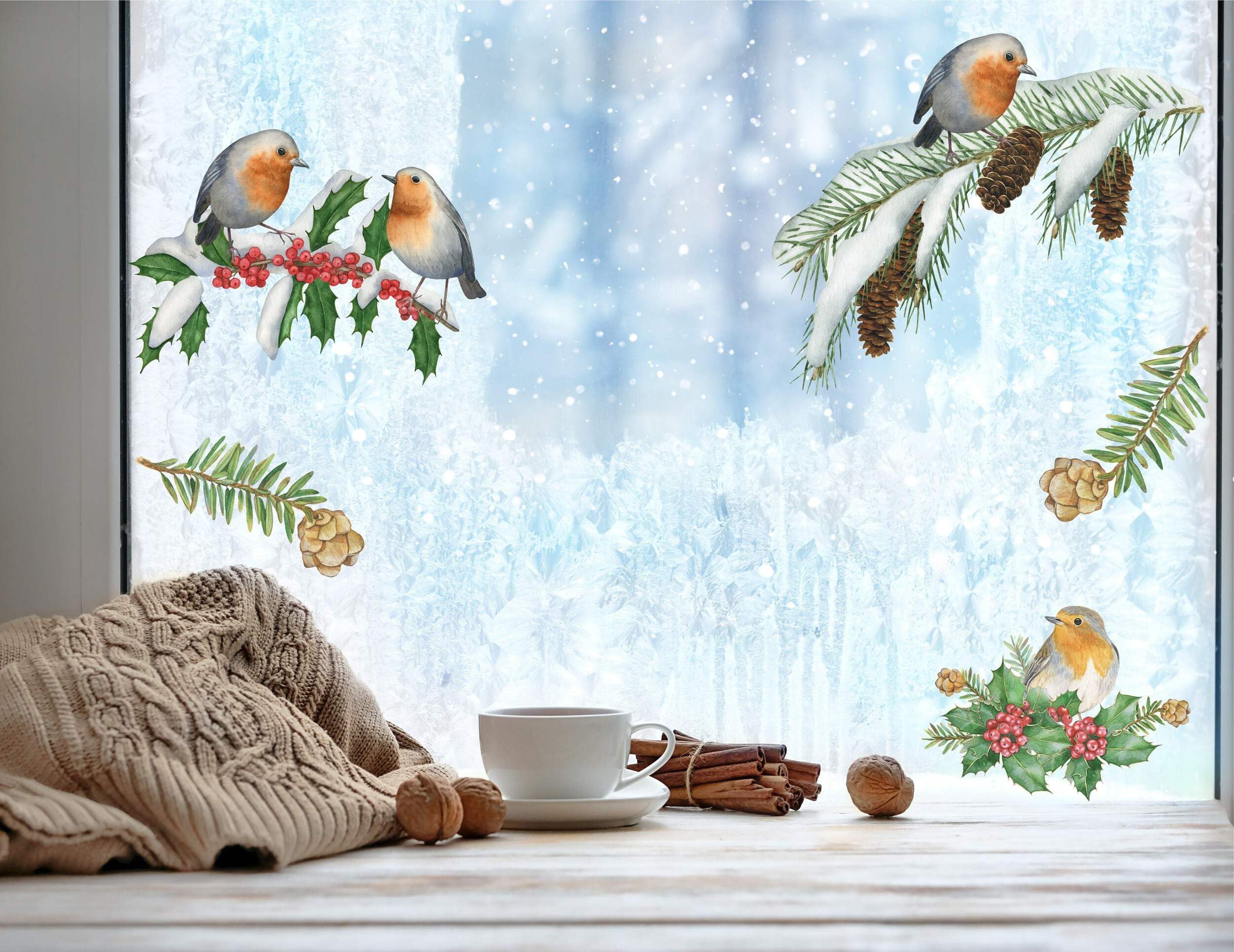Quotemywall Robin Branch Christmas Window Stickers Quote My Wall Christmas Window Stickers Robins On Snow Branches With Foliage Robin Nest Festive Xmas Removable Decals Decorations (Robin Branch Christmas Window Stickers)